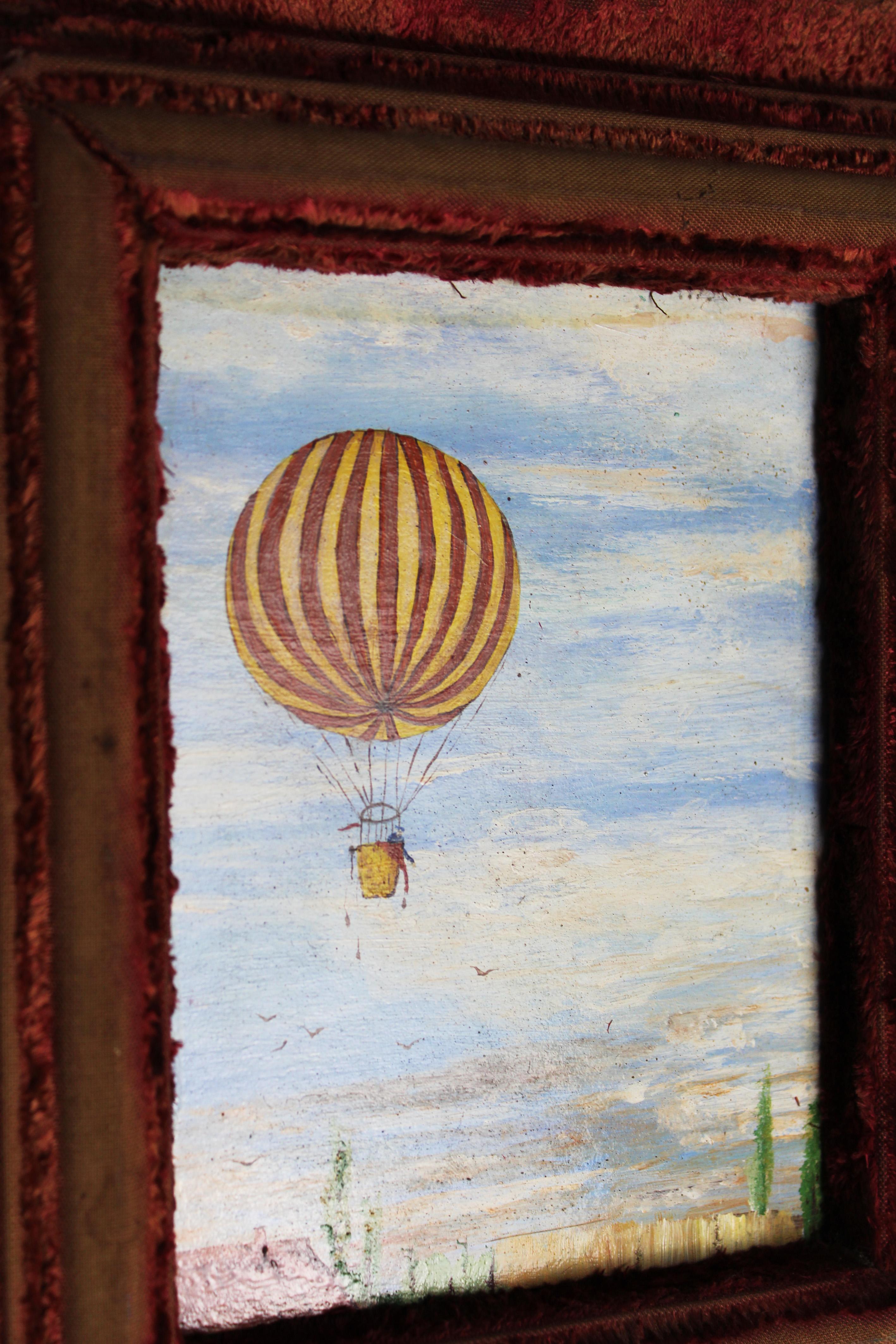 Belgian 20th Century Painting “Hot air balloon” Red frame Signed AVD Borght Belgium For Sale