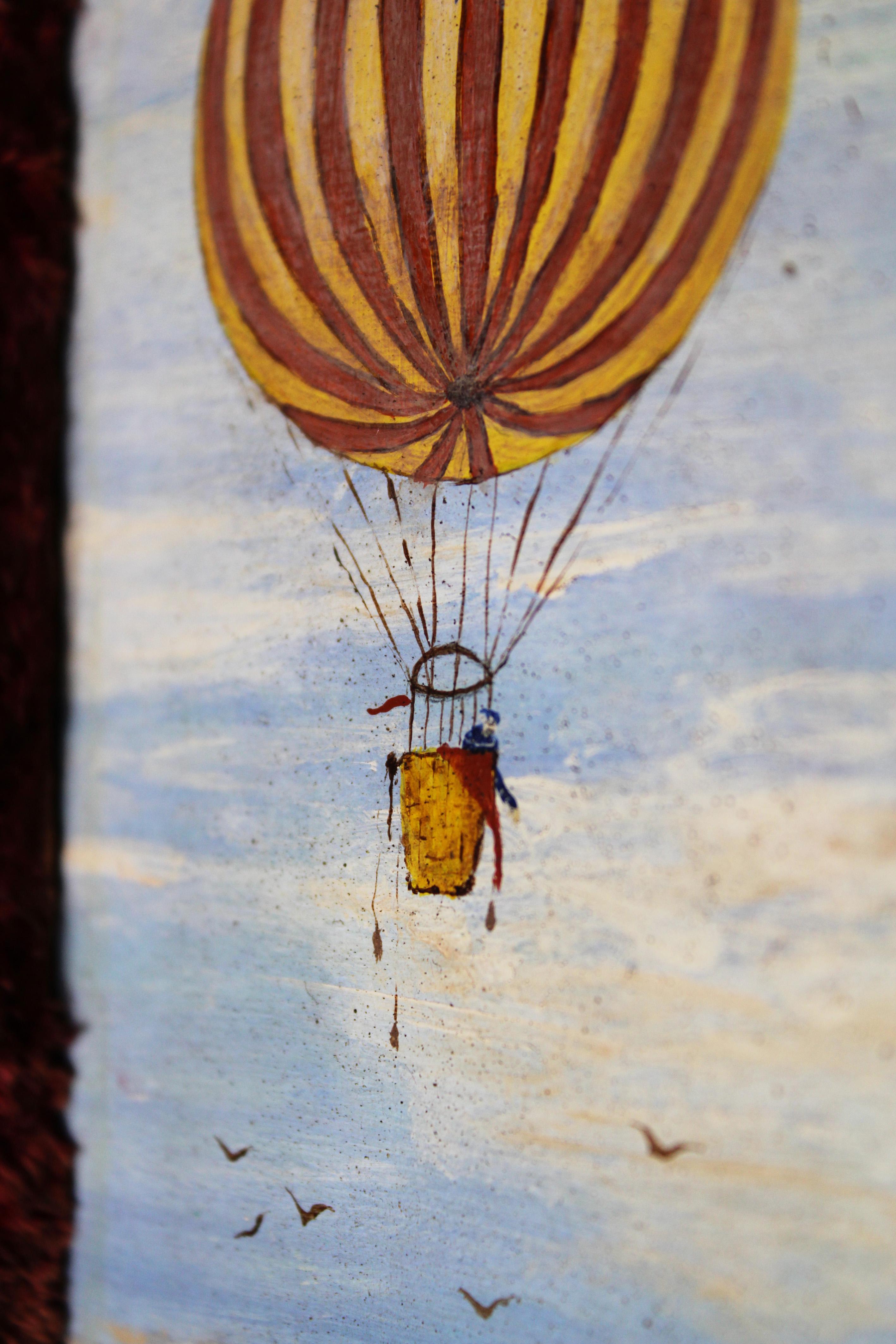 20th Century Painting “Hot air balloon” Red frame Signed AVD Borght Belgium For Sale 1
