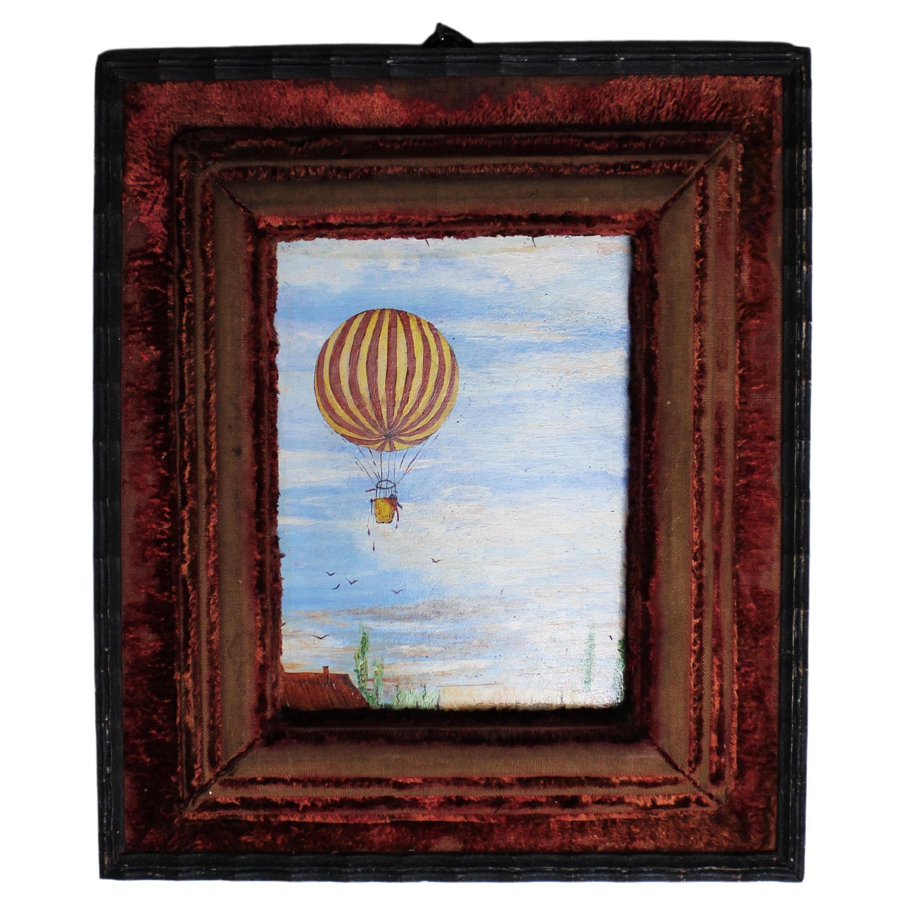 20th Century Painting “Hot air balloon” Red frame Signed AVD Borght Belgium
