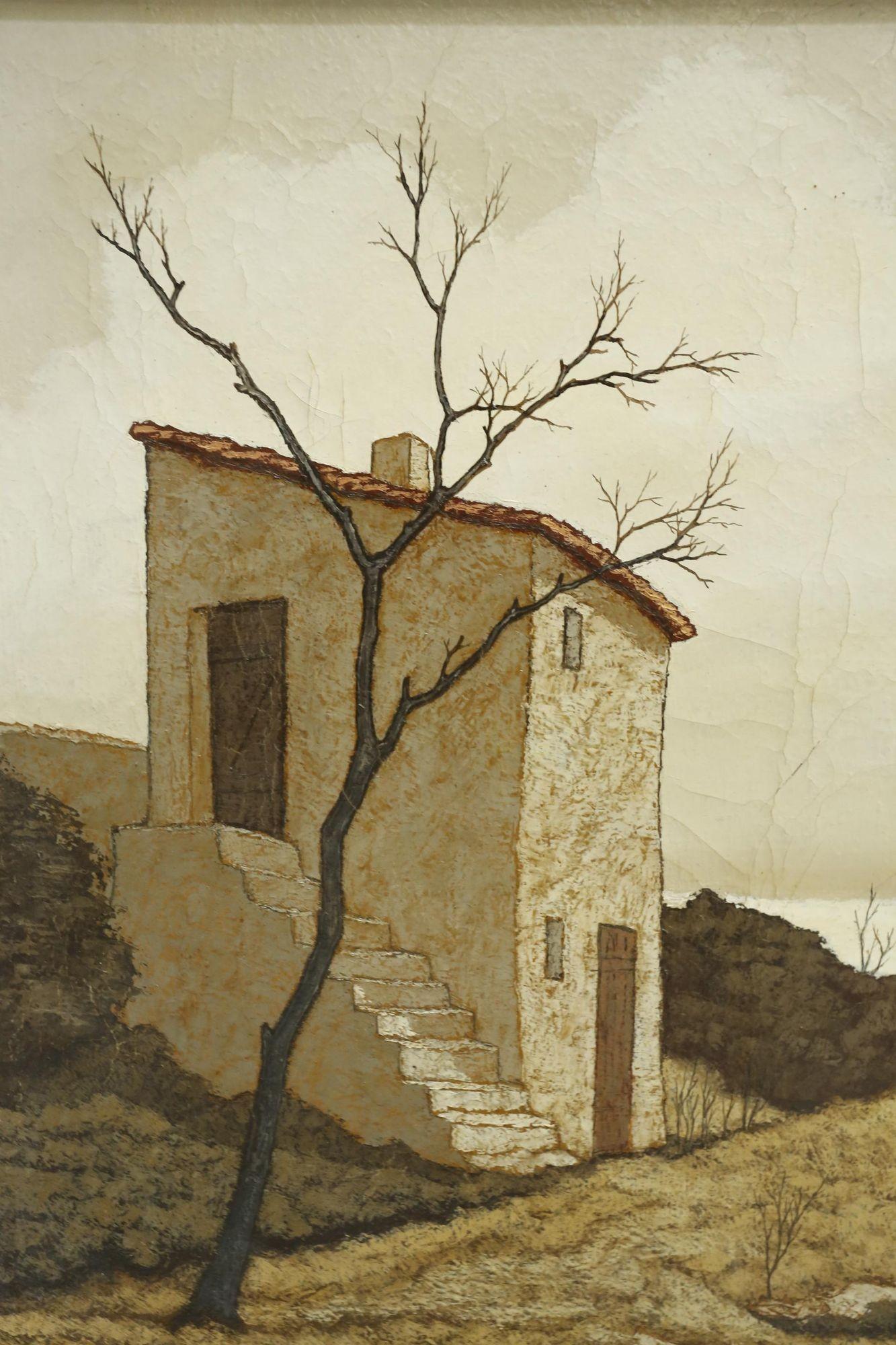 Il s'agit d'une peinture de très haute qualité du 20e siècle de l'artiste espagnol Jorge Soteras. Étude inhabituelle d'une villa isolée. La finesse des arbres est un détail caractéristique de Soteras et donne vraiment de l'émotion à la peinture. La