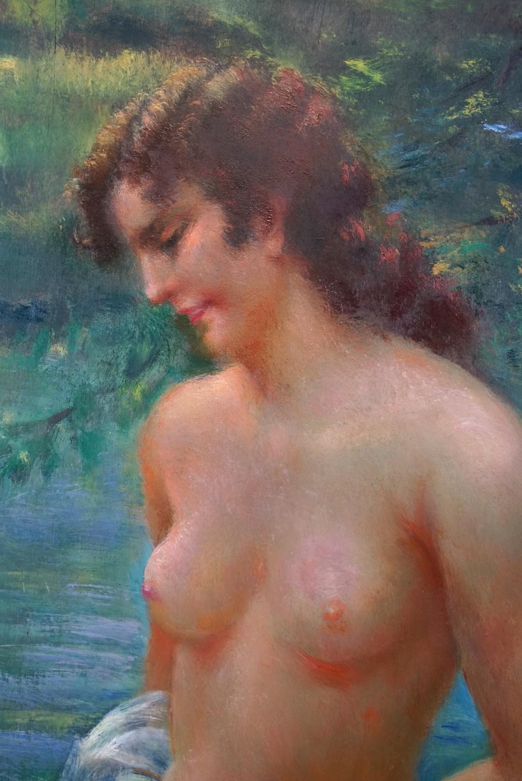 Romantic 20th Century Painting Of A Young Woman At The Bath For Sale