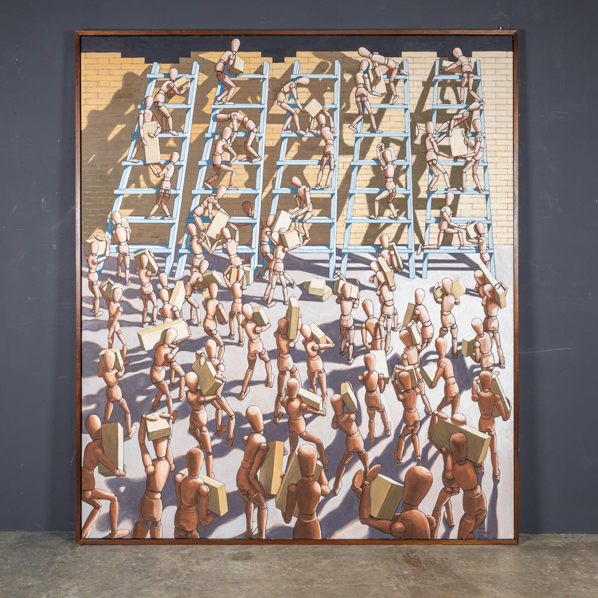 A 20th Century monumental size acrylic on canvas of lay figures building a large stone wall. The painting is discretely framed in natural wood. This was painted in 1995 by an English artist Derek Carruthers. This painting is a captivating blend of