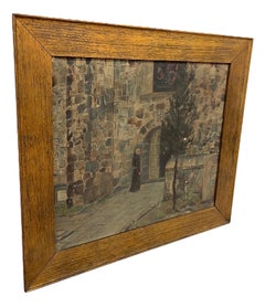 20th Century Painting of Monk at Monastery Entrance Framed Architectural Scene