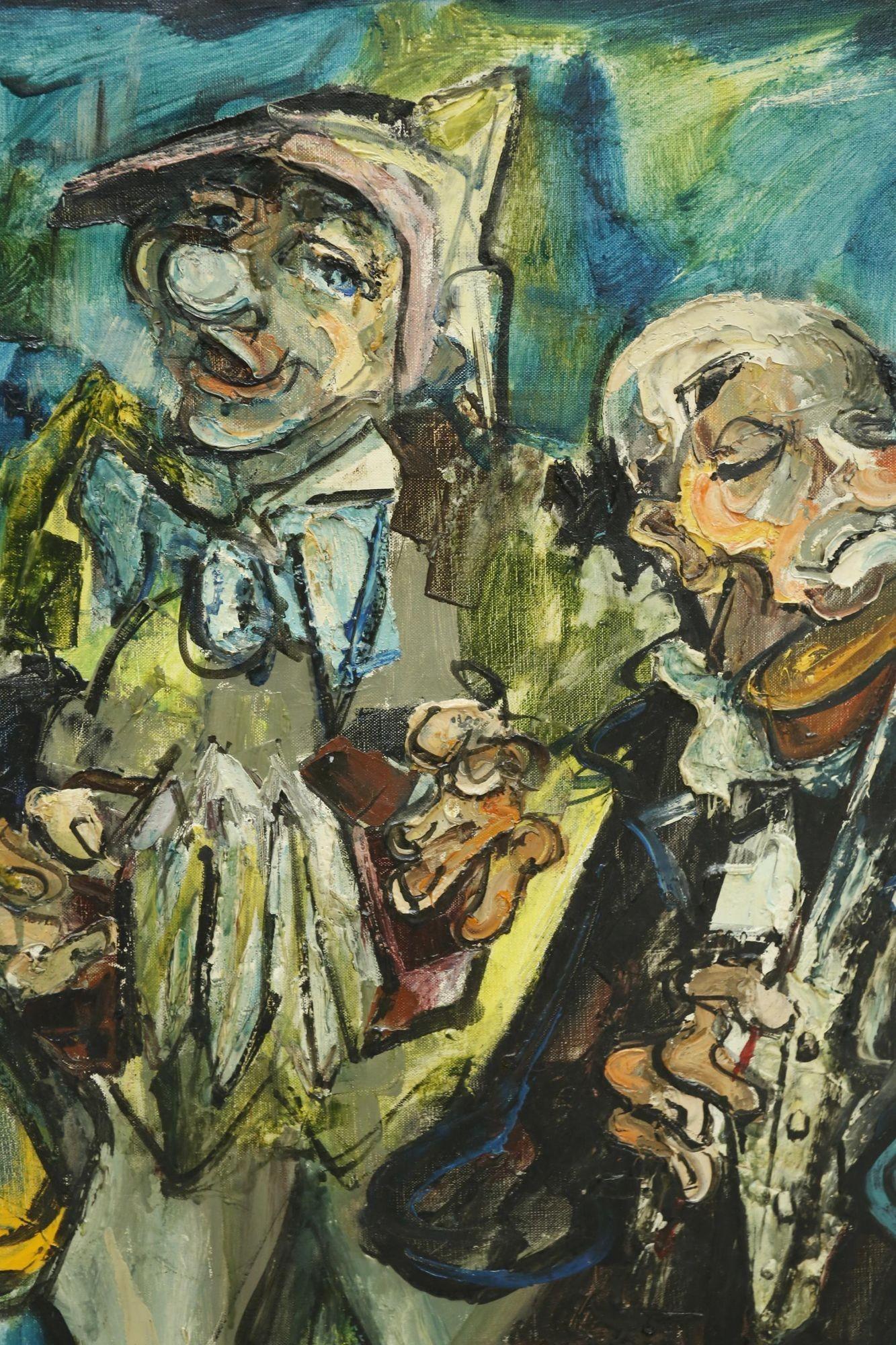 This is a very unusual and very well executed oil on canvas painting of three musical clowns by P Lorian. The texture and moody colours used make this a very decorative piece and the light timber frame lifts the piece very nicely. Perfect condition.