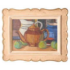 Vintage 20th century painting on board of a teapot - M Vivier
