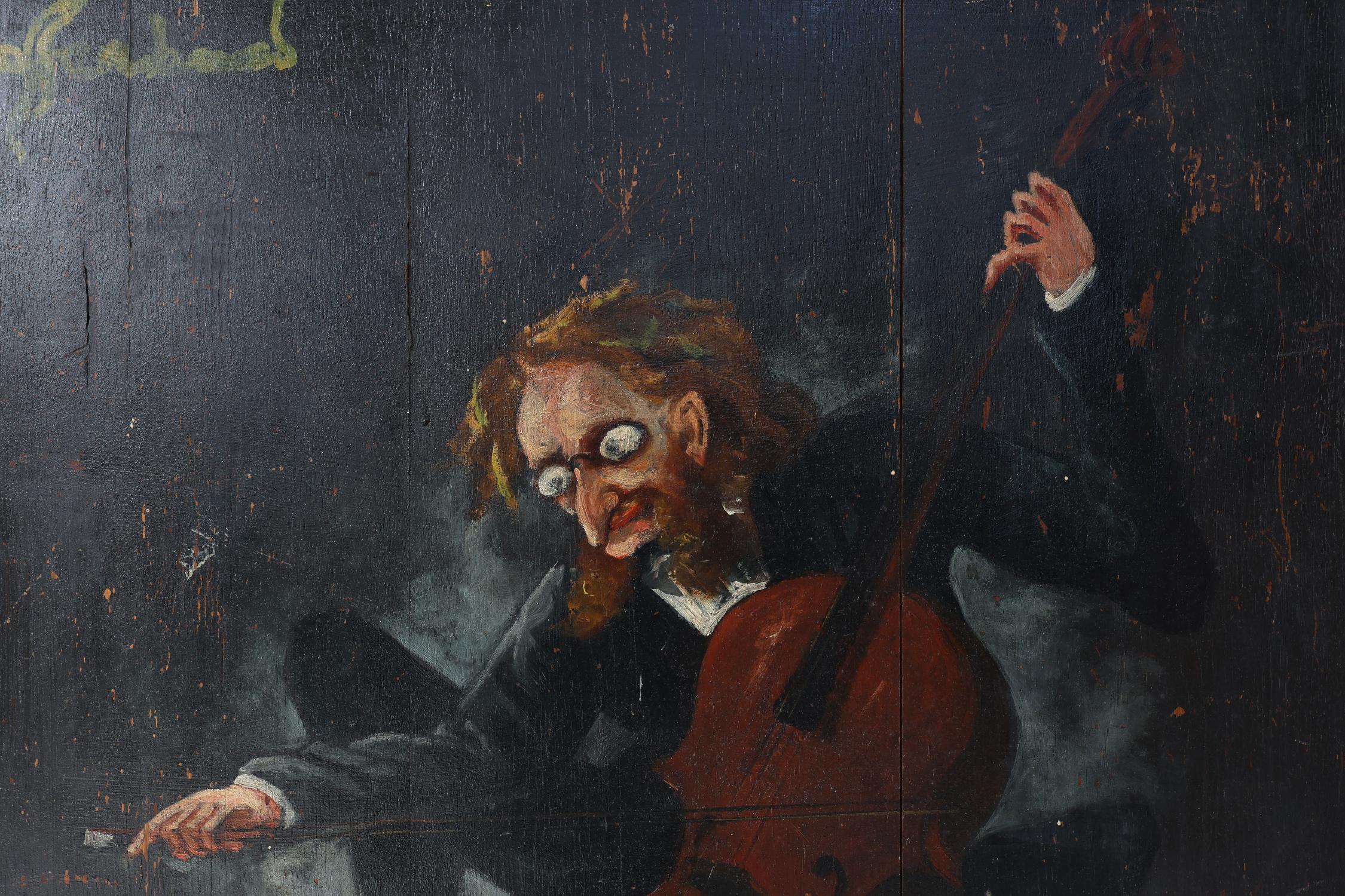 French 20th century Painting on wood signed S. Gil of a cellist in a theater in Paris For Sale
