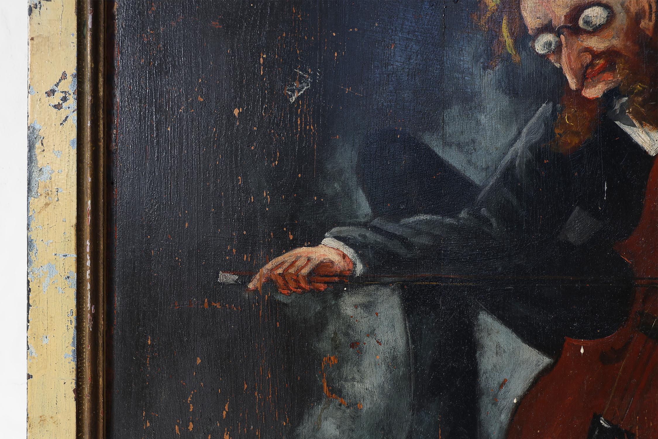 20th century Painting on wood signed S. Gil of a cellist in a theater in Paris In Good Condition For Sale In Meulebeke, BE