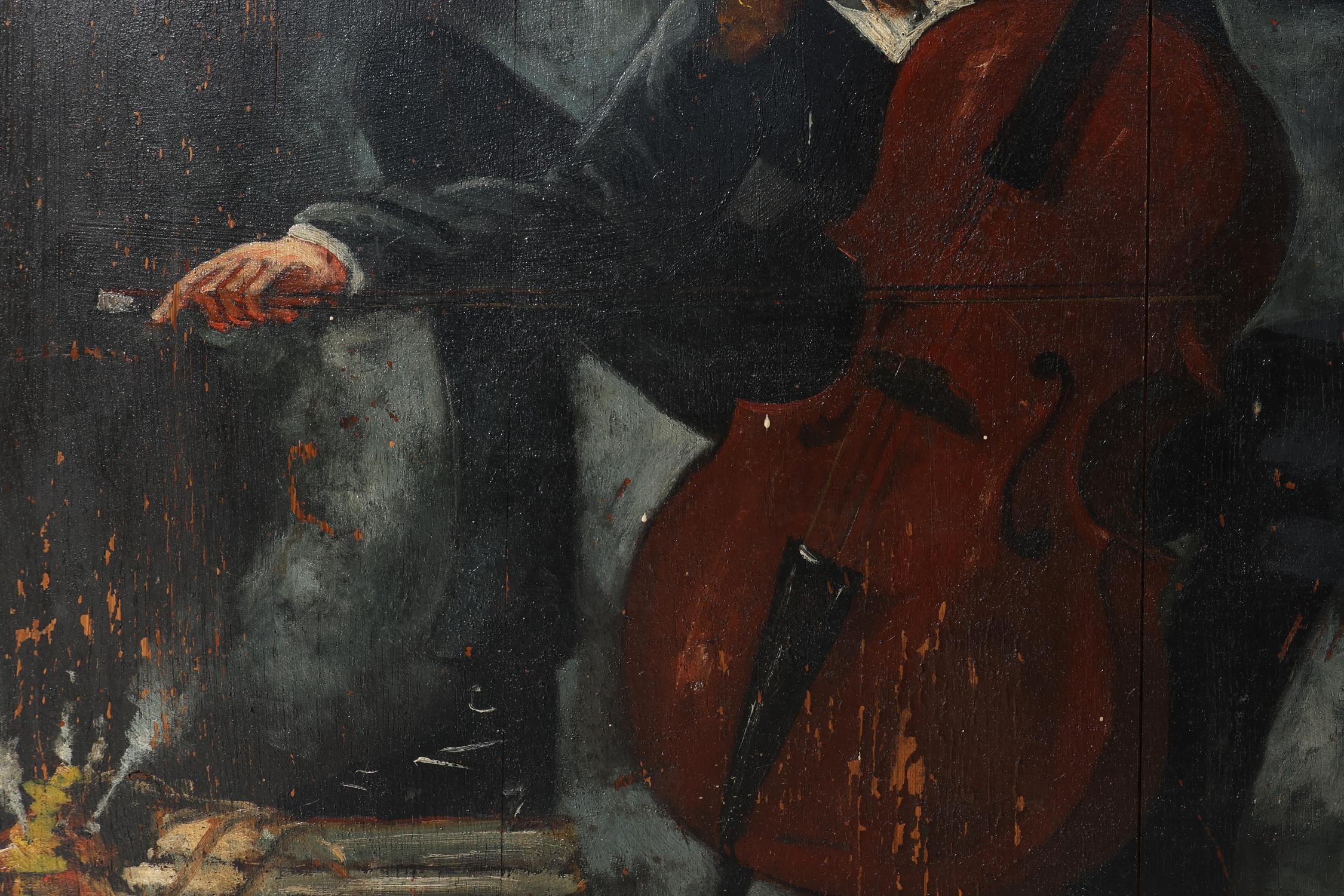 20th Century 20th century Painting on wood signed S. Gil of a cellist in a theater in Paris For Sale
