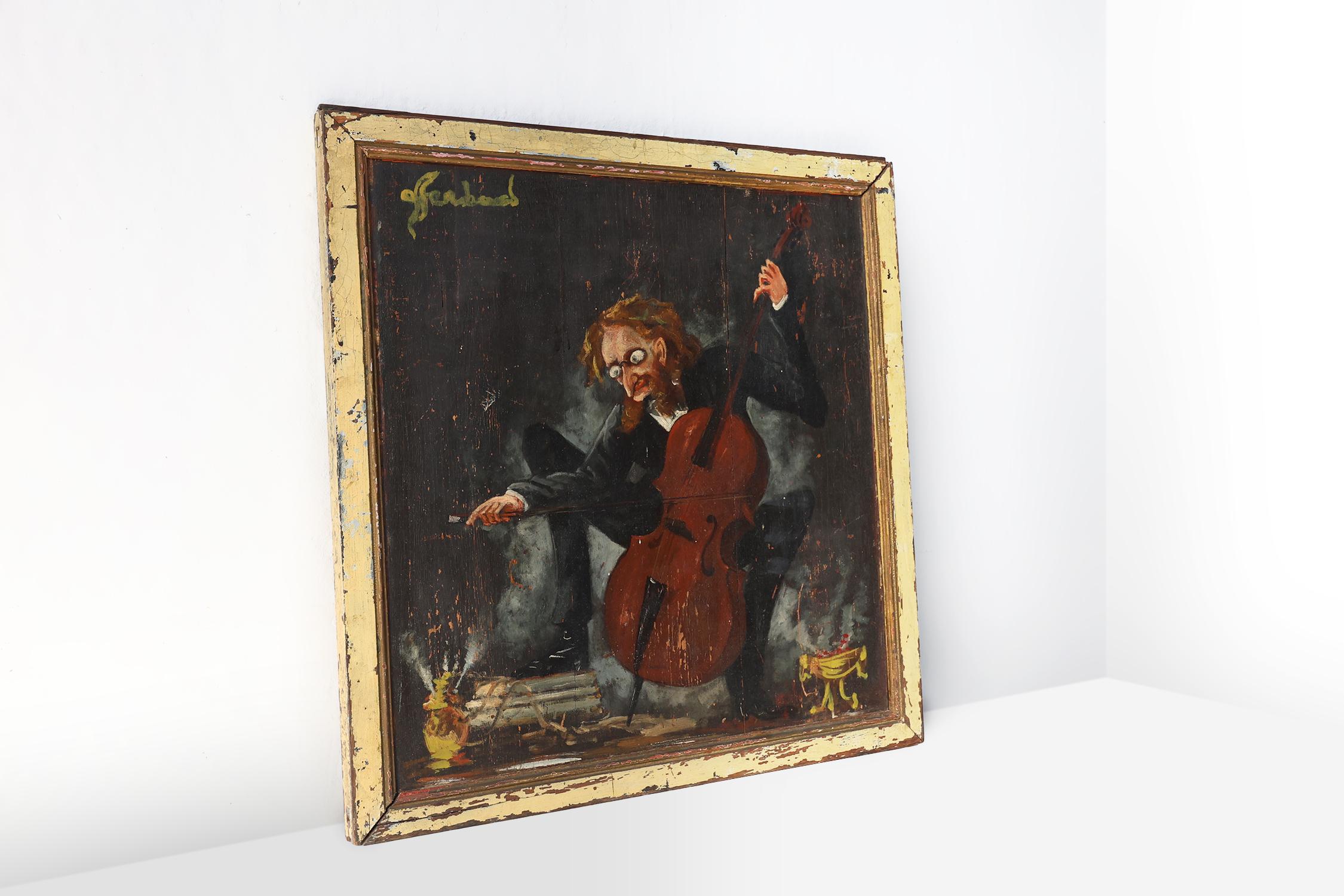 Wood 20th century Painting on wood signed S. Gil of a cellist in a theater in Paris For Sale