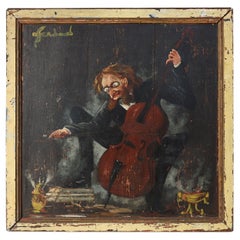 20th century Painting on wood signed S. Gil of a cellist in a theater in Paris