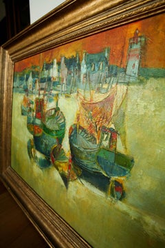 Pintura del siglo XX "Port aux Reflets d'or" de Rene Margotton