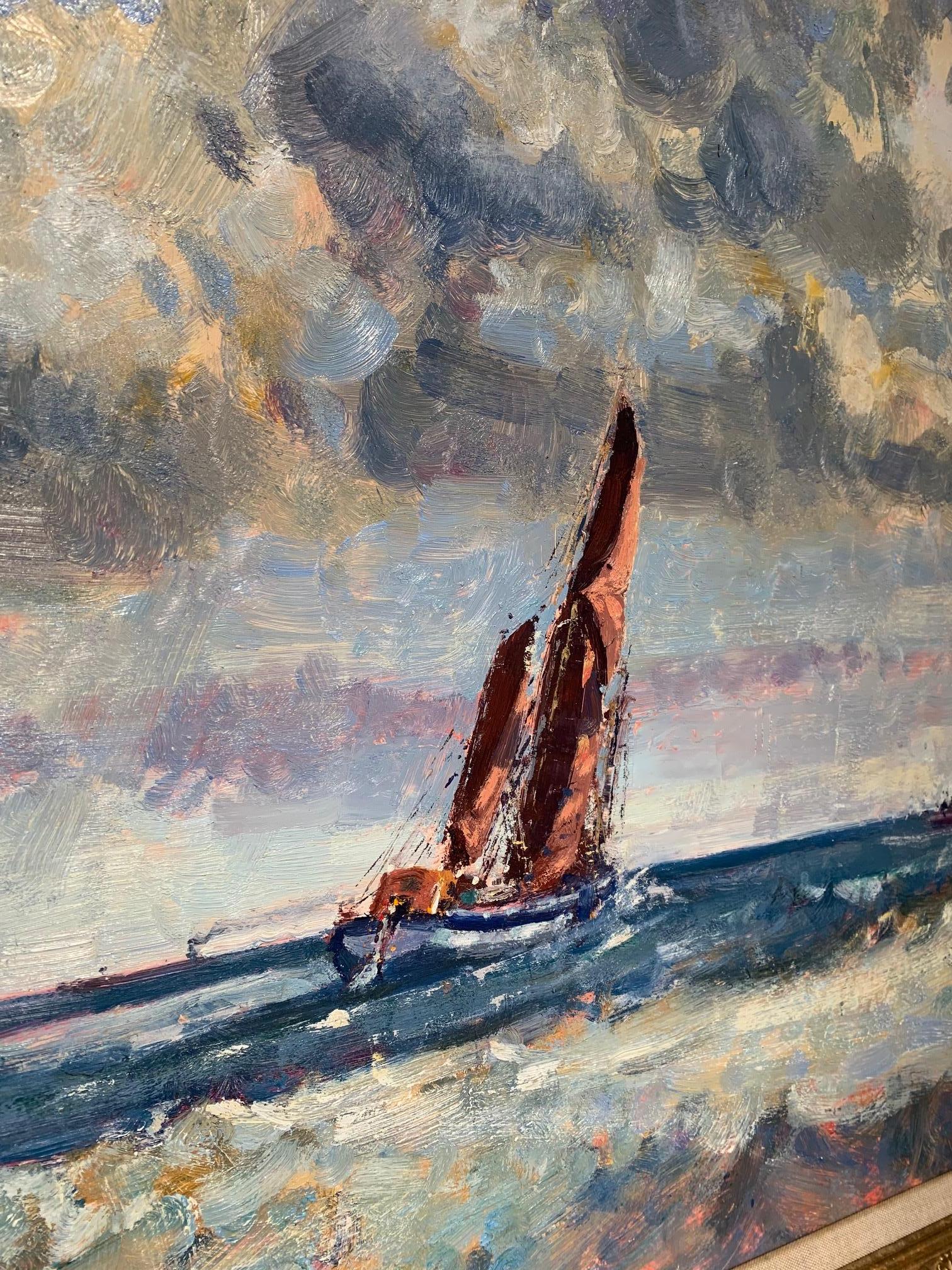20th century sailboat seascape painting, Geoffrey Chatten, circa 1950. Title on reverse, 
