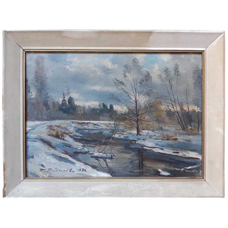 20th Century Painting "Winter Scene" Oil on Canvas by T. Radimova, Made in 1970 For Sale