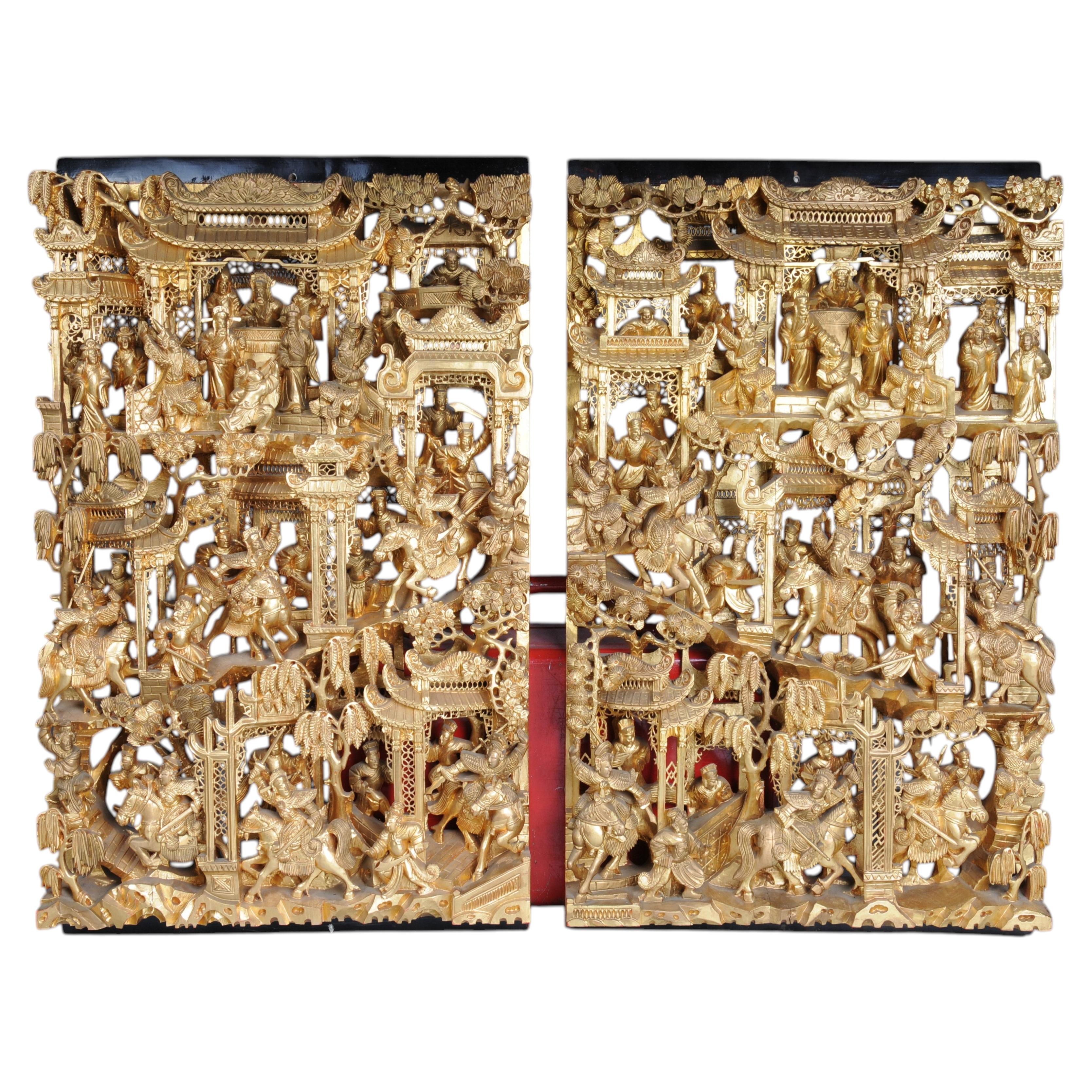 20th Century Pair (2) Traditional Chinese Wall Panels/Relief Panels, Gilded Wood For Sale
