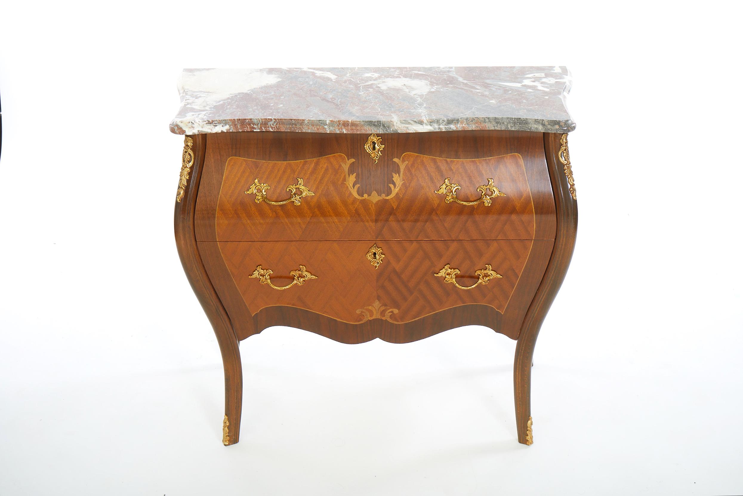 Italian parquetry inlay wood ormulu brass trim with detachable marble top bombe chest / side table. Each chest features two front pull drawer with locking keys. Each one is in great condition. Minor wear consistent with age / use. Each one stands