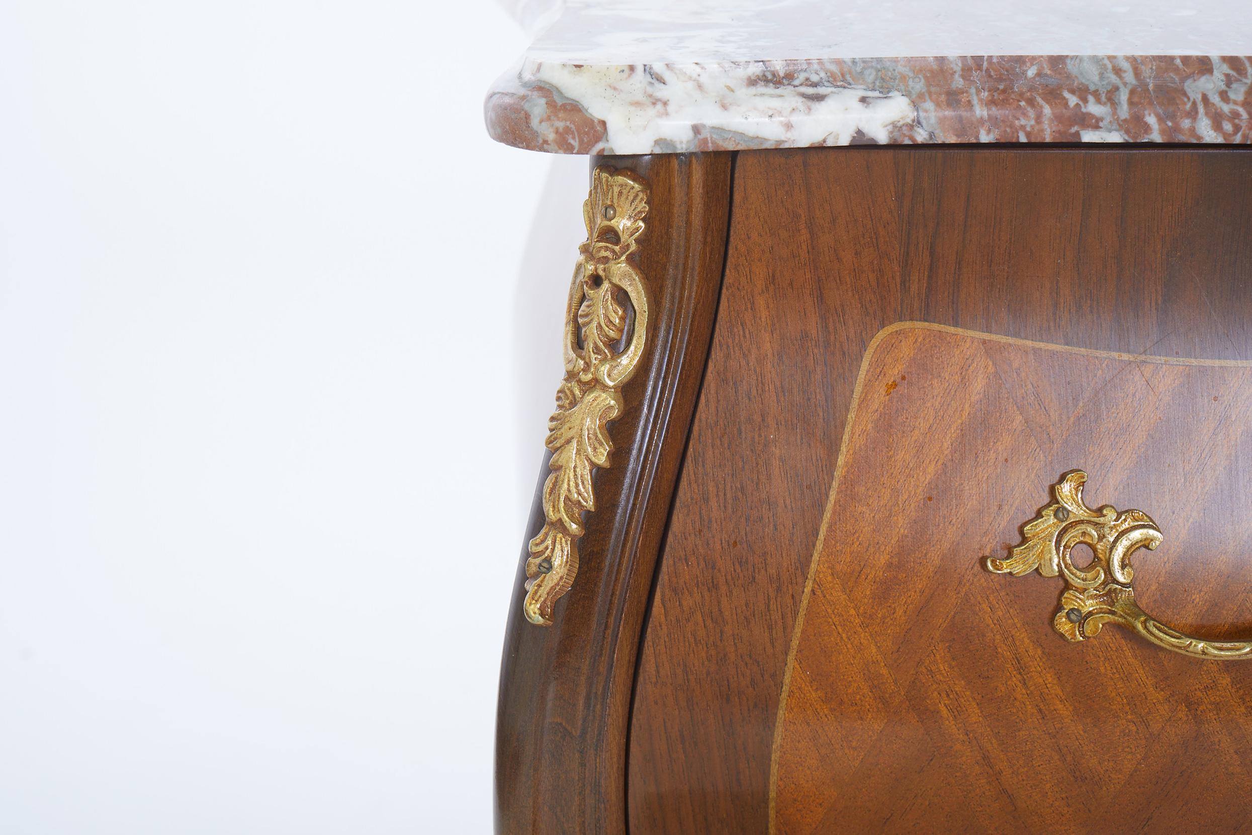 Hand-Carved 20th Century Pair Bombe Chest / Marble Top For Sale