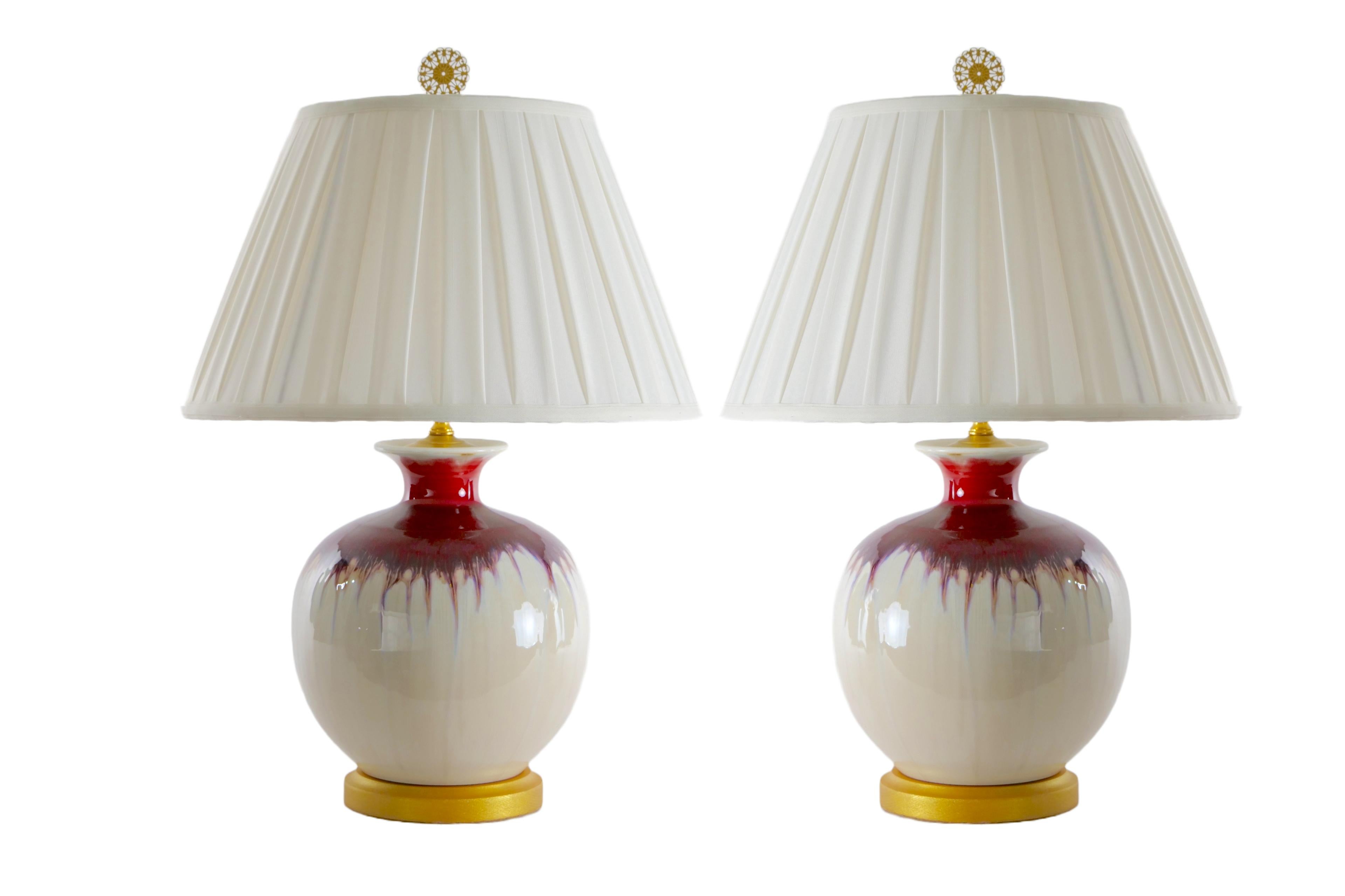 20th Century Pair Flambe Vase Lamp / Giltwood Base For Sale 7