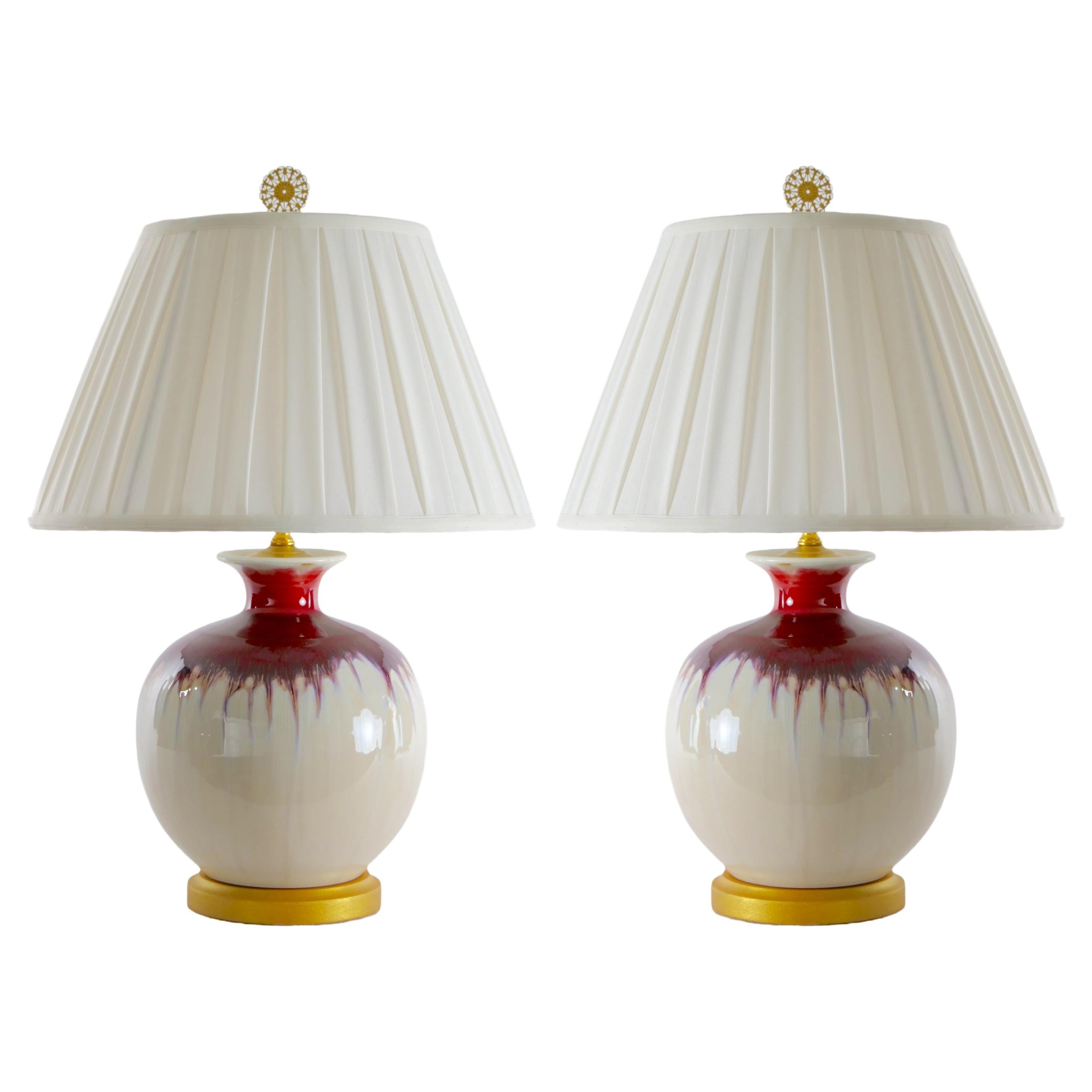 20th Century Pair Flambe Vase Lamp / Giltwood Base For Sale