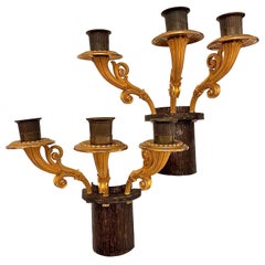 20th Century Pair French Gilt Bronze Three-Arm Candle Sconces Louis XVI Style