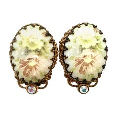 Vintage 20th Century Pair Gold Hand Painted Porcelain & Faux Pearl Earrings By, Haskell