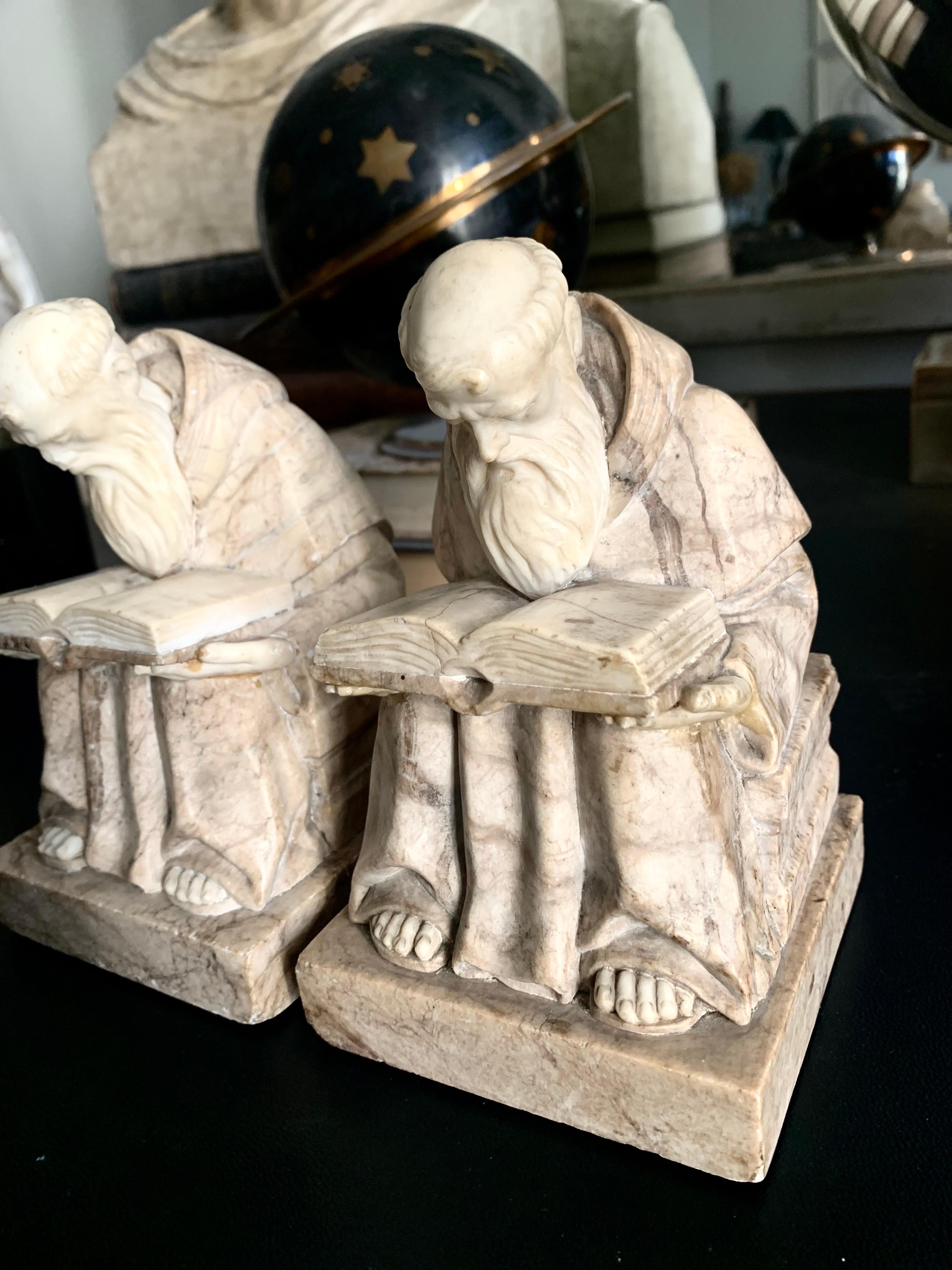 Medieval 20th Century Pair of Alabaster and Marble Bookends Sculpture For Sale