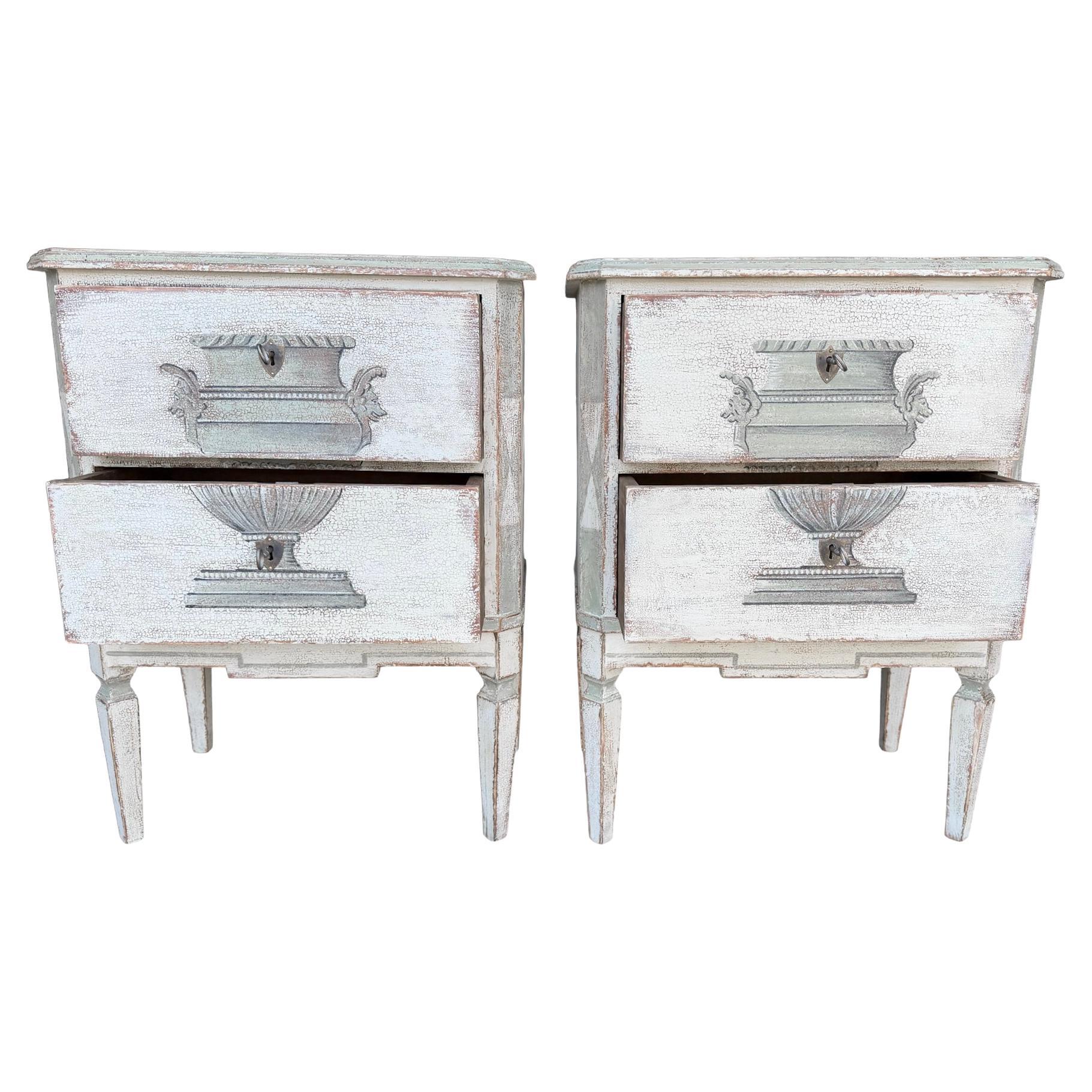 20th Century Pair of Antique Gustavian Pine Bed Side Tables in pale Grey For Sale