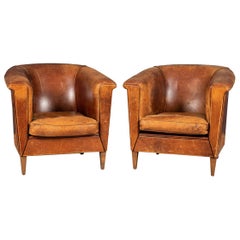 20ème siècle Paire de fauteuils club en cuir de mouton hollandais de style Art Déco