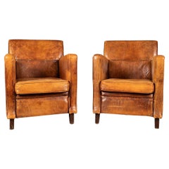 20th Century Pair Of Art Deco Style Dutch Sheepskin Leather Club Chairs
