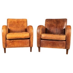 20ème siècle Paire de fauteuils club hollandais en cuir de mouton de style Art Déco