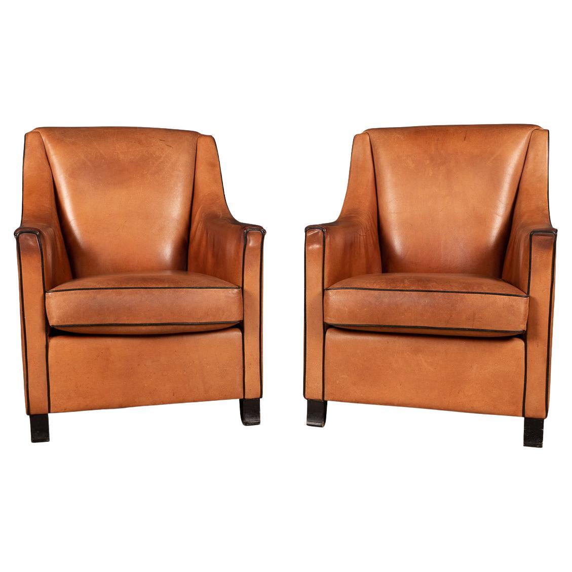 20th Century Pair of Art Deco Style Dutch Sheepskin Leather Club Chairs