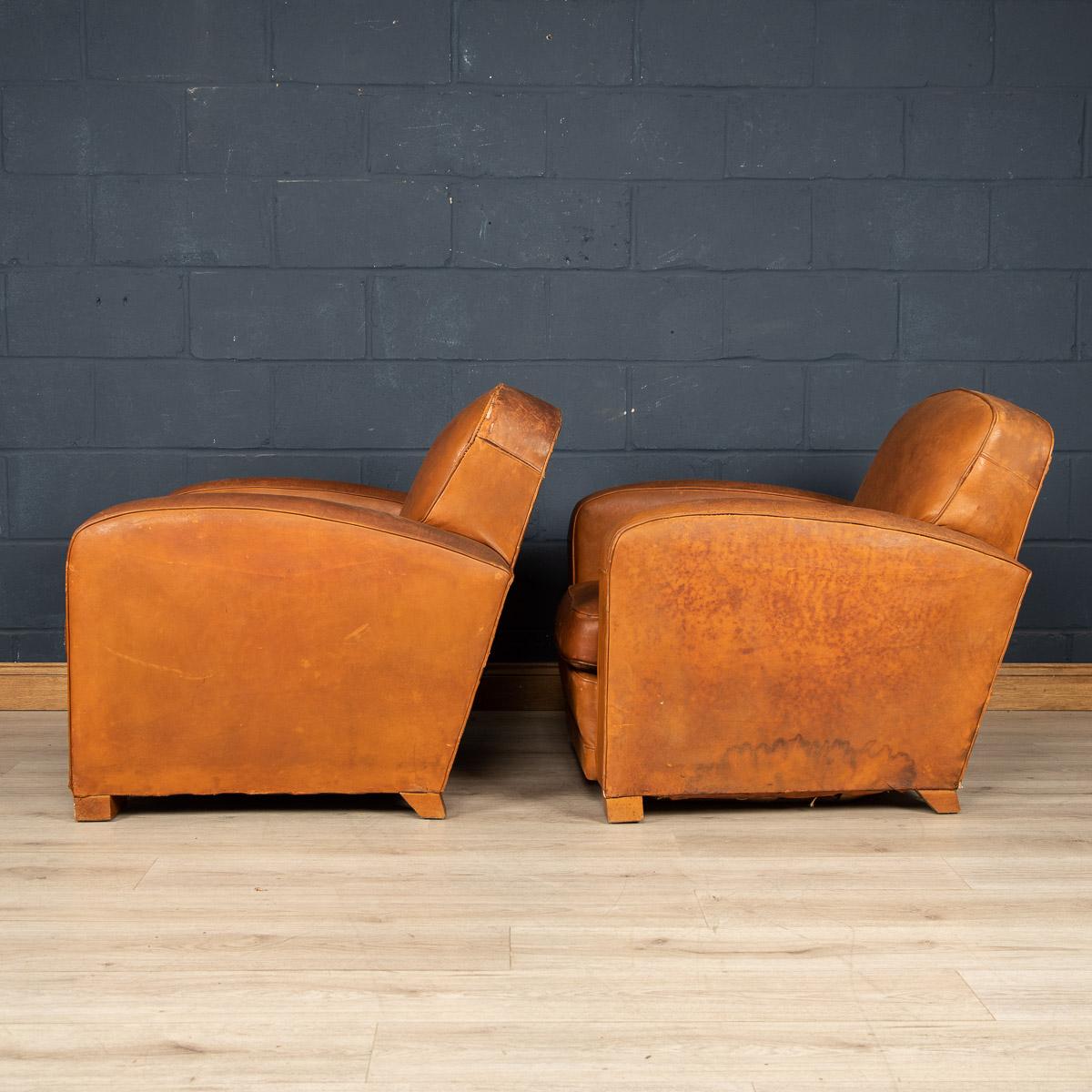 20th Century Pair of Art Deco Style French Leather Club Chairs 1