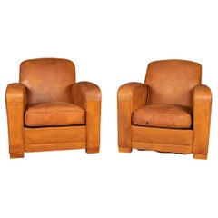 20th Century Pair of Art Deco Style French Leather Club Chairs