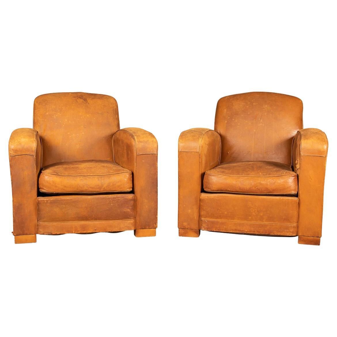 20th Century Pair Of Art Deco Style French Leather Club Chairs
