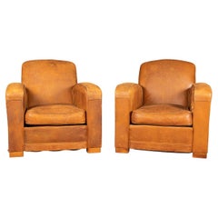 20th Century Pair Of Art Deco Style French Leather Club Chairs