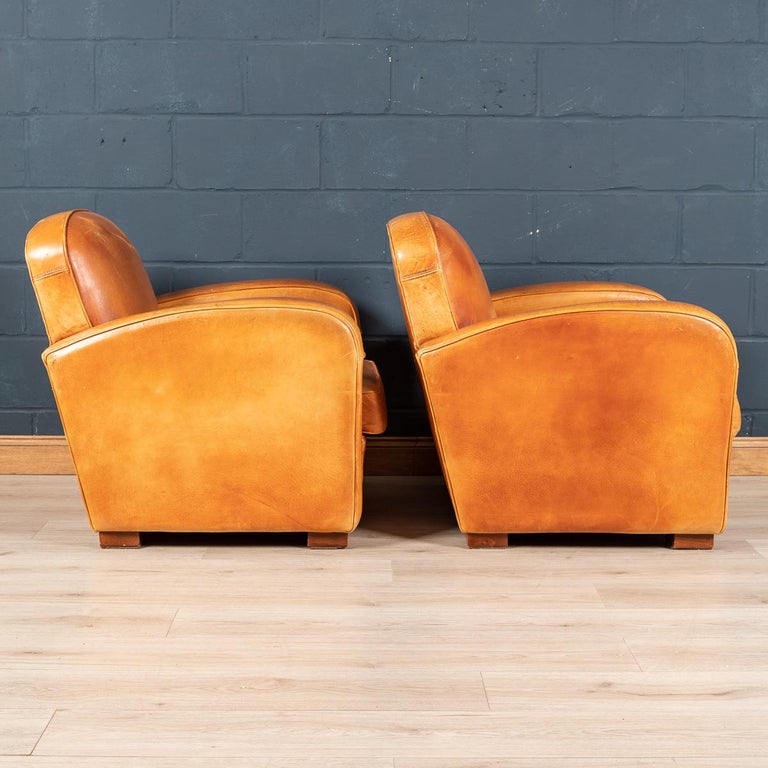 20th Century Pair of Art Deco Style French Leather Club Chairs at 1stDibs