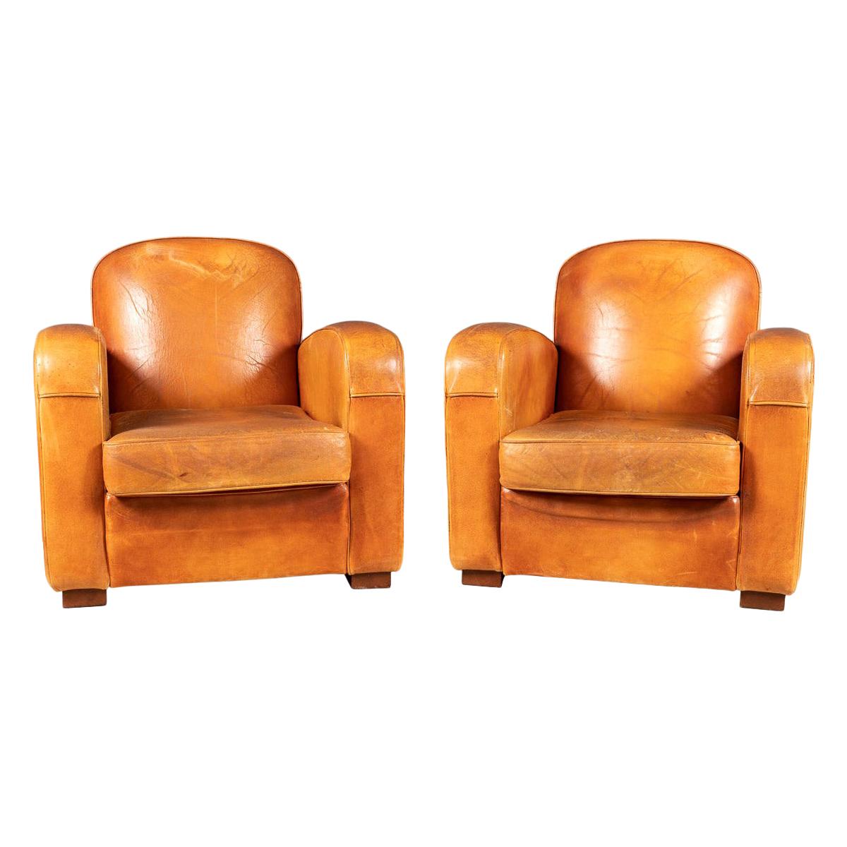 20th Century Pair of Art Deco Style French Leather Club Chairs