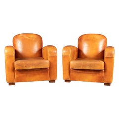 20th Century Pair of Art Deco Style French Leather Club Chairs