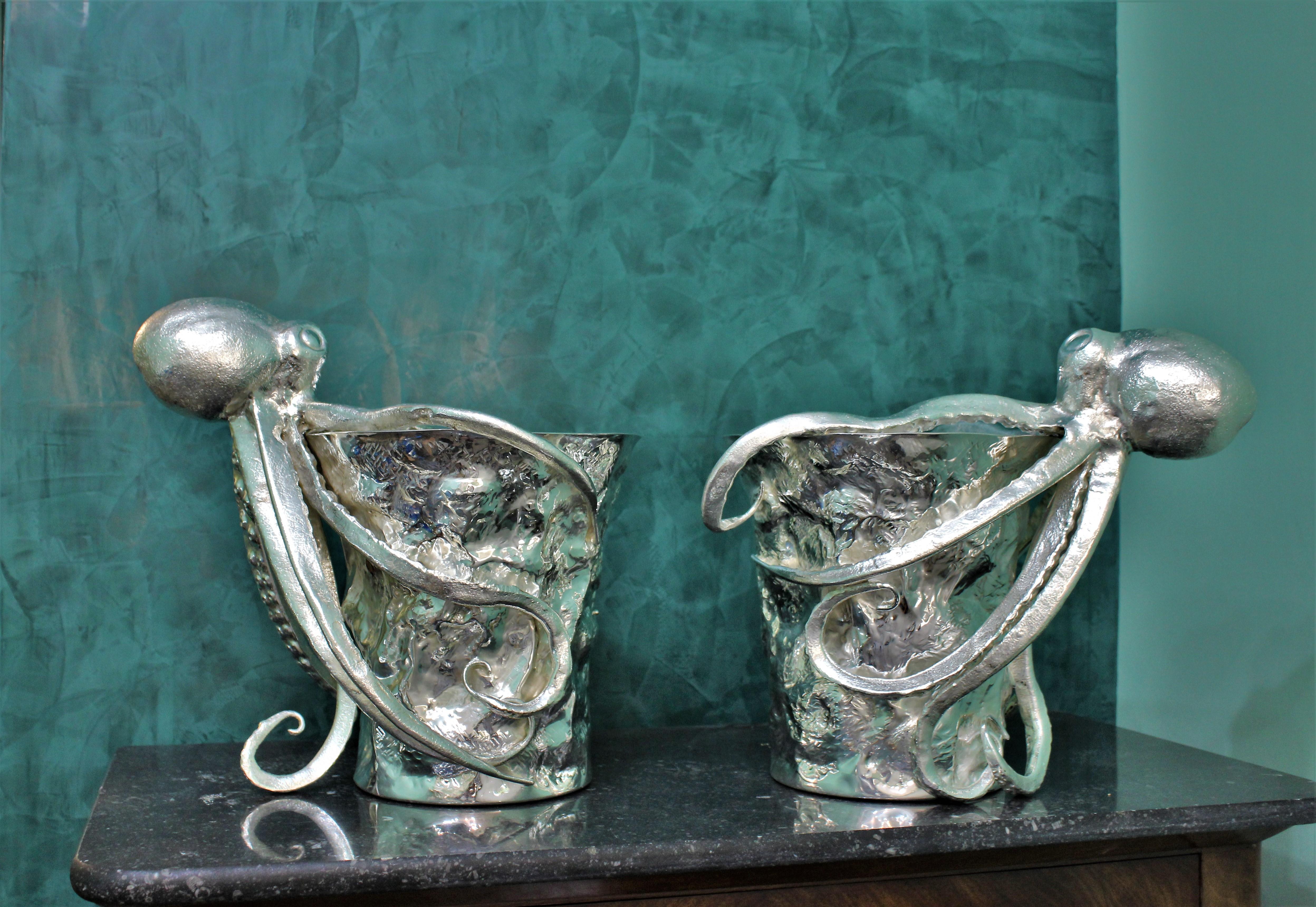 20th Century Pair of Artistic Octopus Silver Wine Coolers, Italy, 1930s For Sale 7