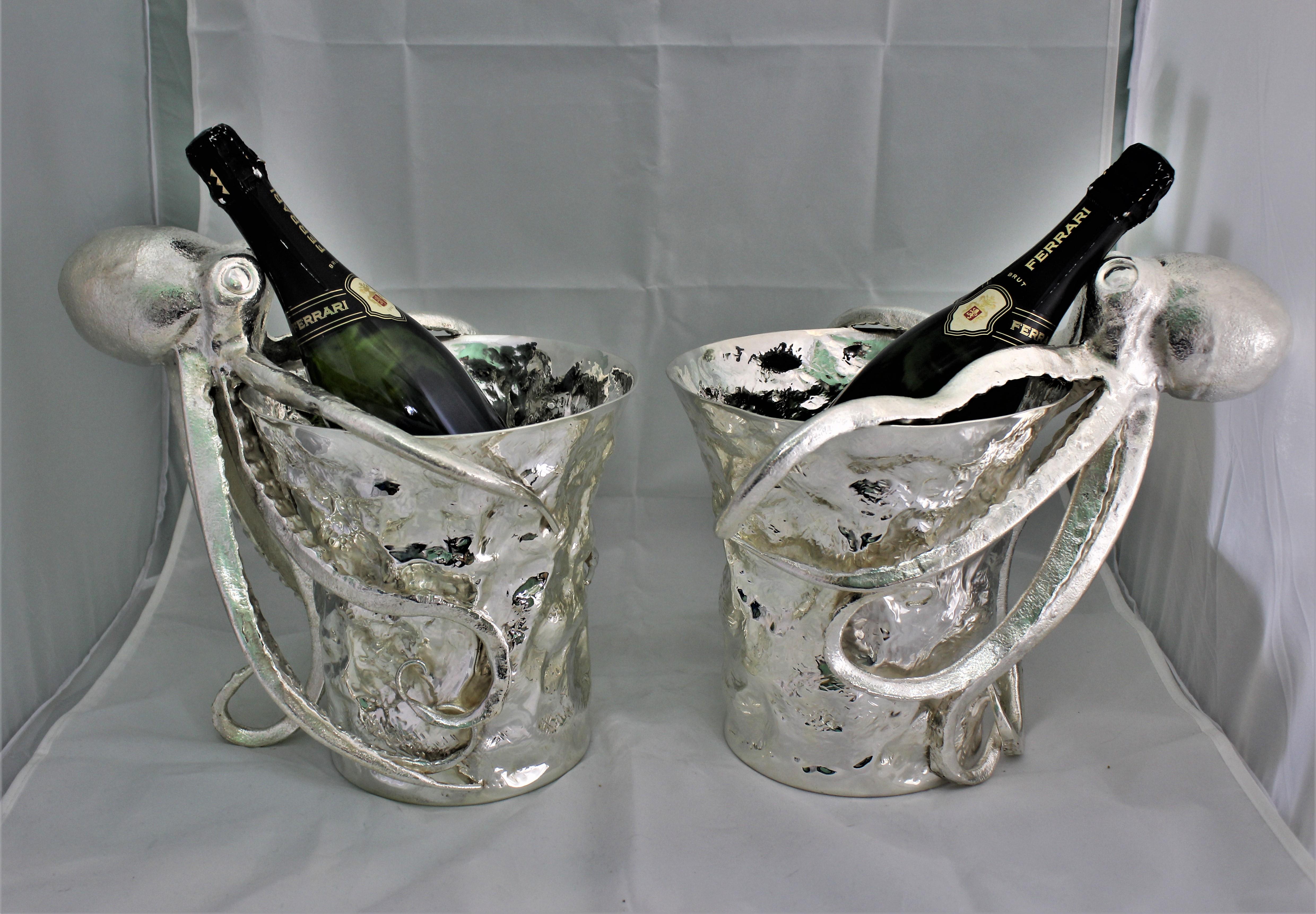 Italian 20th Century Pair of Artistic Octopus Silver Wine Coolers, Italy, 1930s For Sale