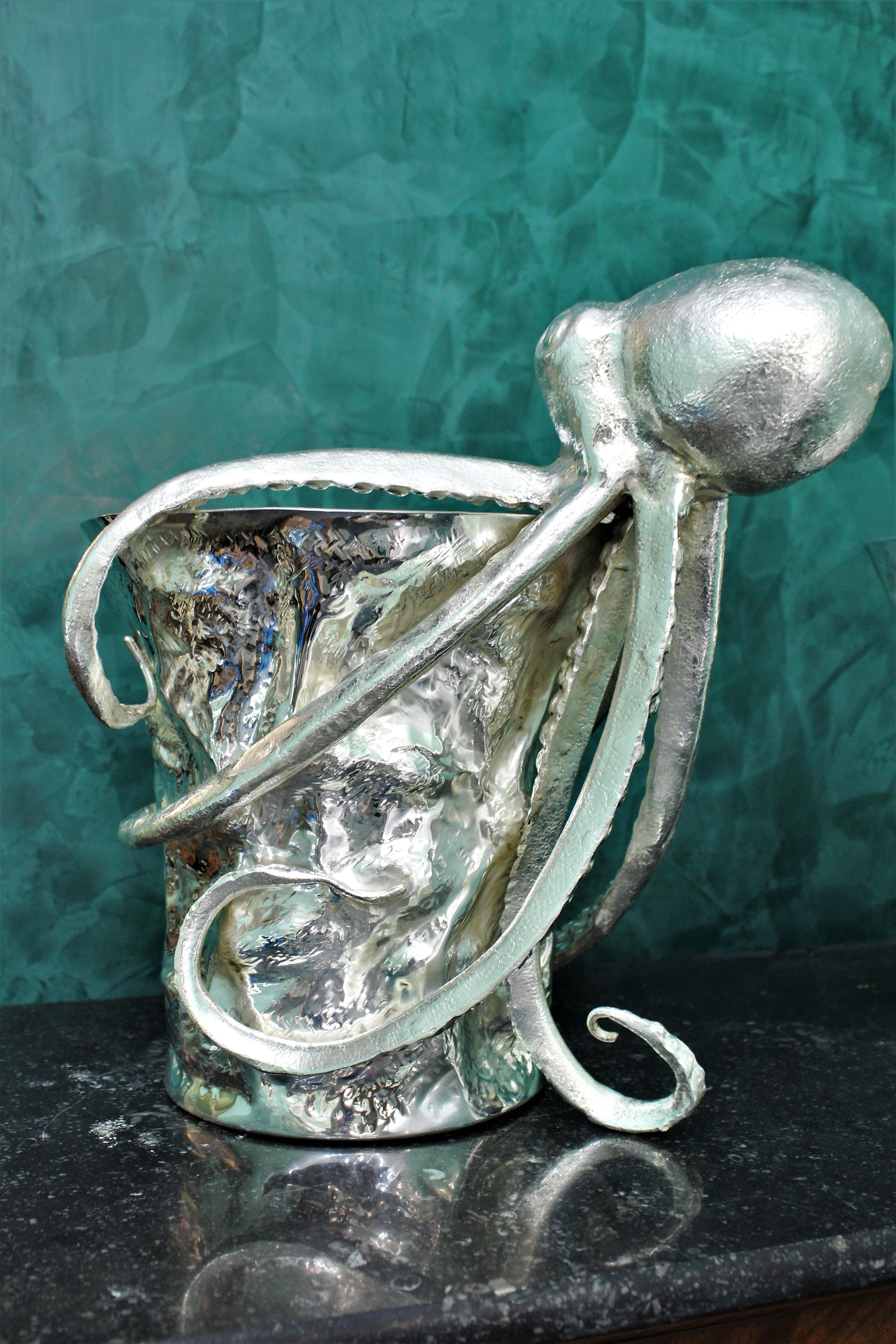 Mid-20th Century 20th Century Pair of Artistic Octopus Silver Wine Coolers, Italy, 1930s For Sale