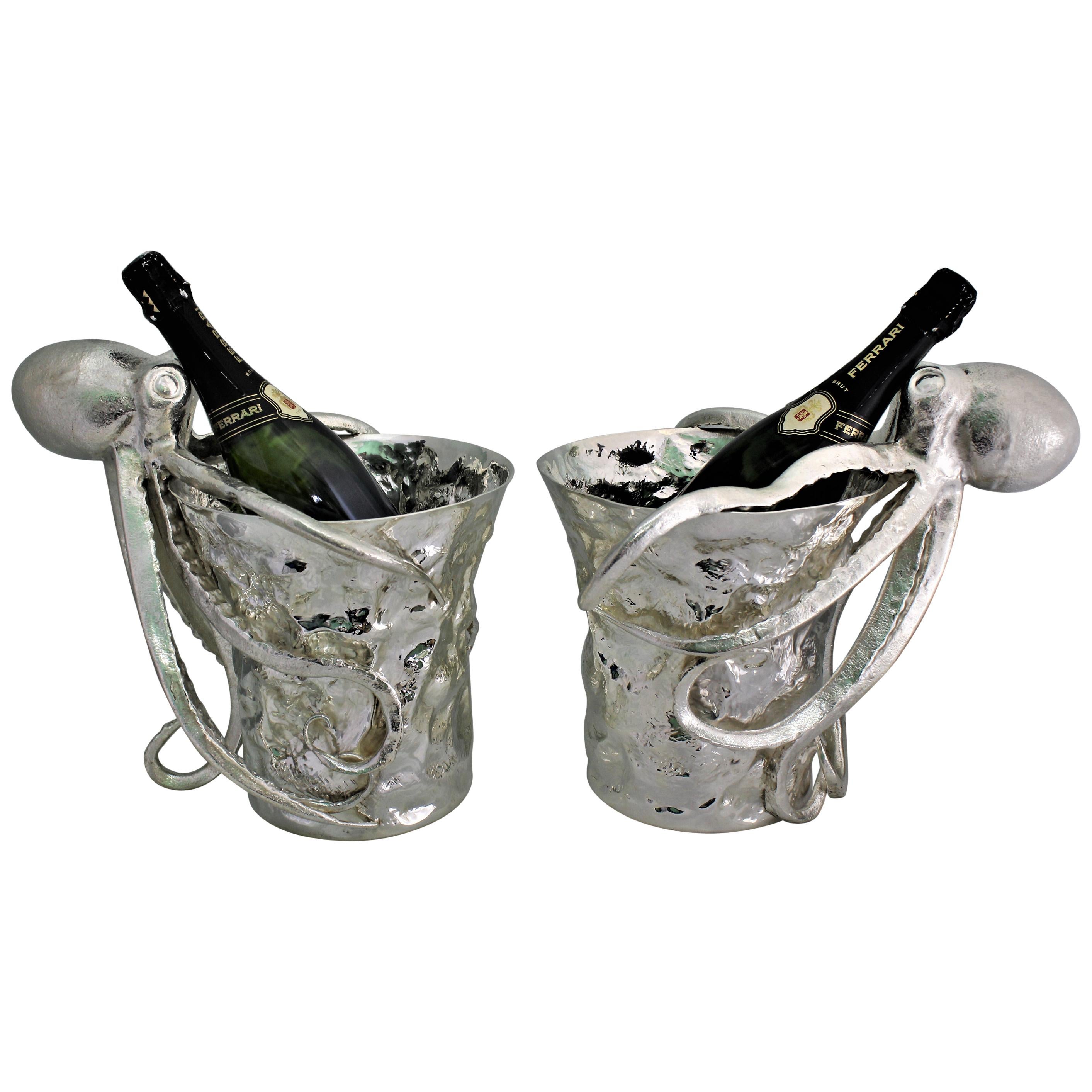 20th Century Pair of Artistic Octopus Silver Wine Coolers, Italy, 1930s For Sale