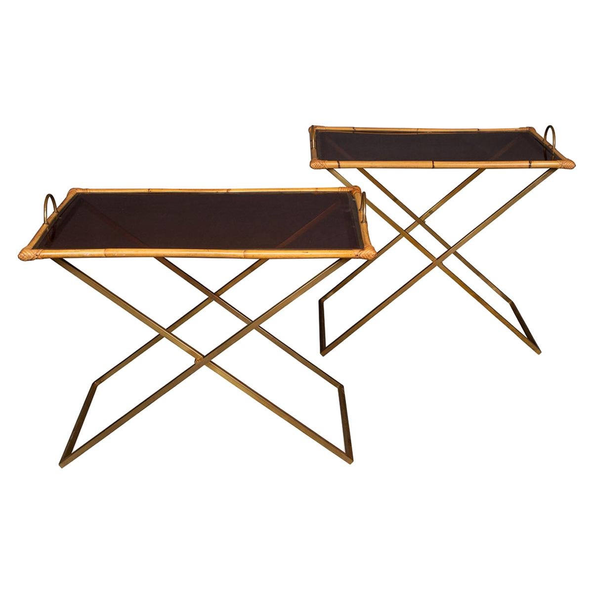 20th Century Pair of Bamboo & Brass Butler Tables, c.1970 For Sale