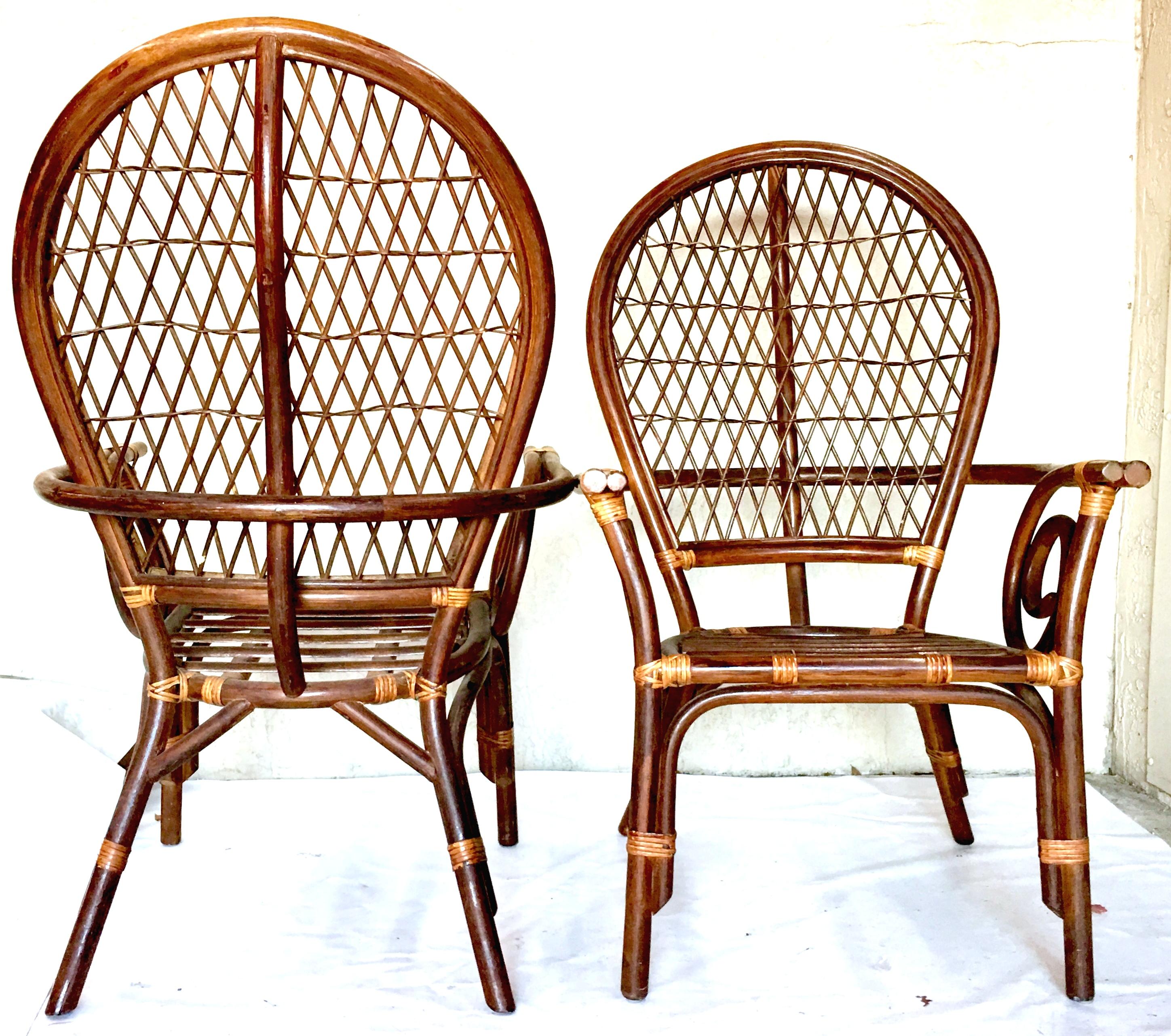 Stained 20th Century Pair Of Bent Rattan & Wicker High Back 