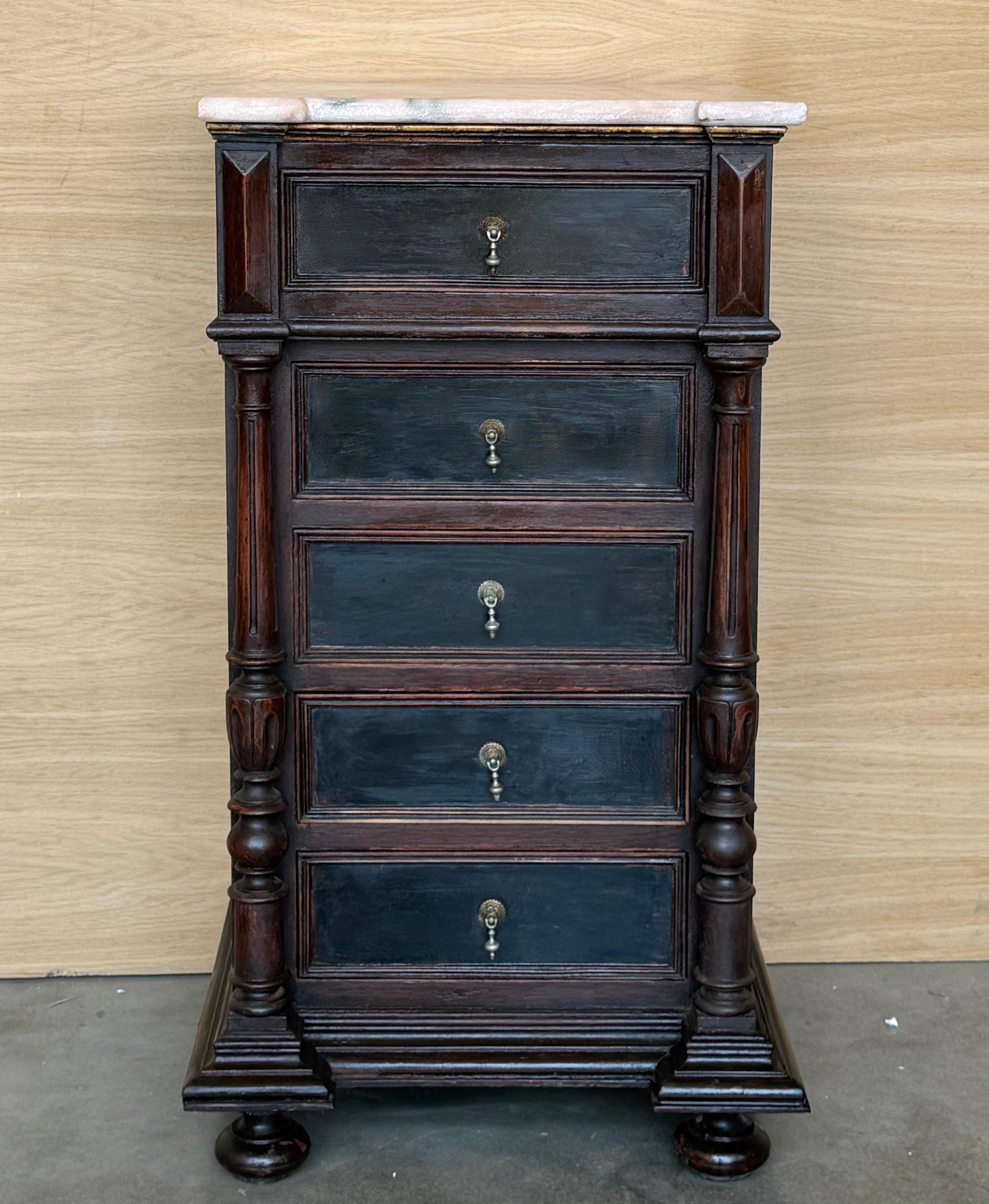 Pair of antique Biedermeier style bedside cabinets, late 19th-early 20th century, possibly French or Spanish, each in oblong rectangular form, the top with a fabric-lined surface, over a conforming case fitted with a four drawers raised on block