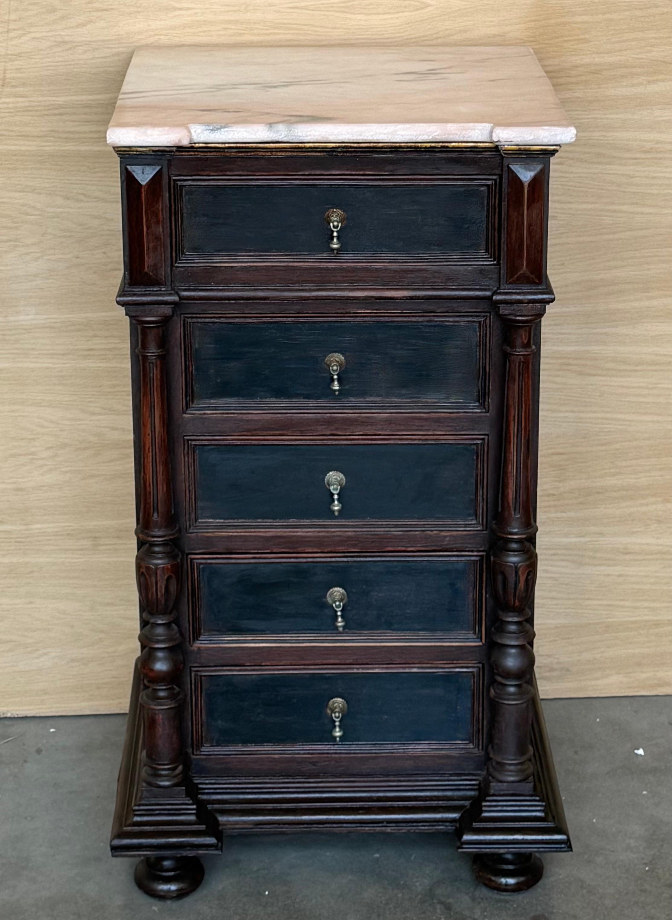 Spanish Colonial 20th Century Pair of Biedermeier Nightstands with Marble Four Ebonized Drawers For Sale