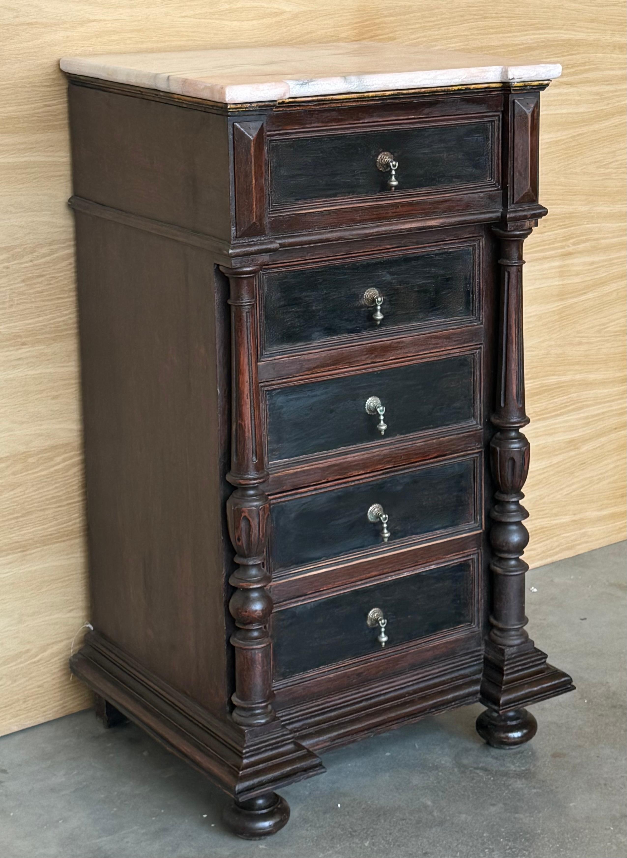 Spanish 20th Century Pair of Biedermeier Nightstands with Marble Four Ebonized Drawers For Sale