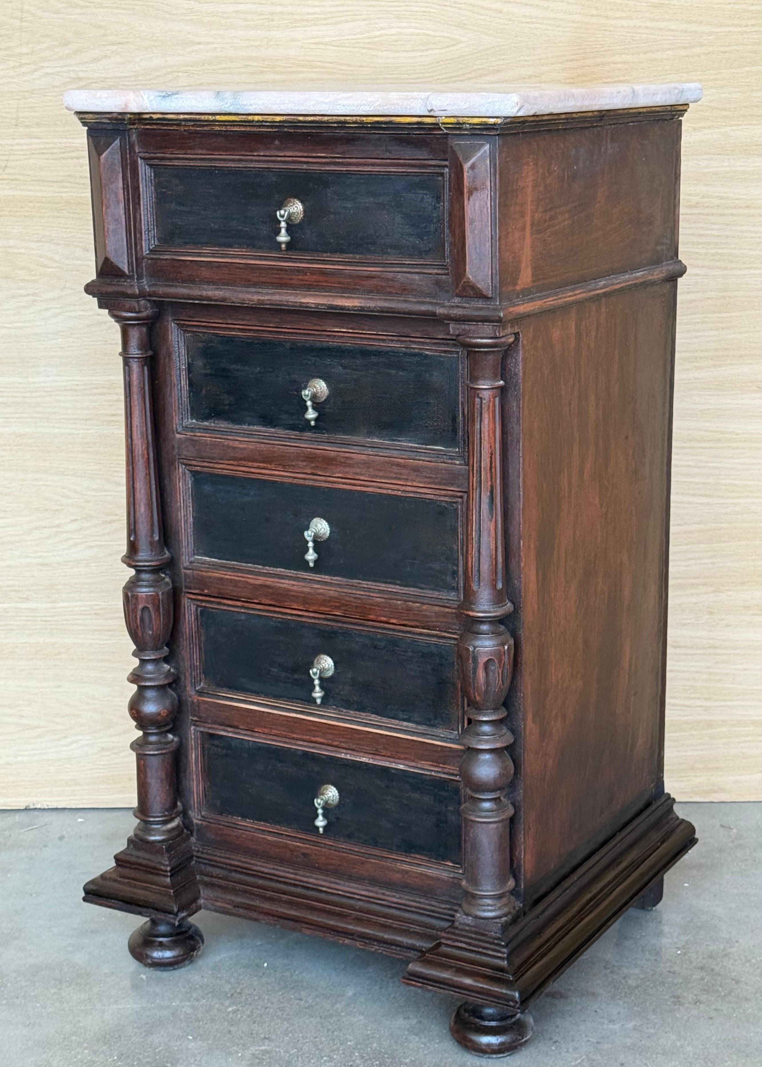 Walnut 20th Century Pair of Biedermeier Nightstands with Marble Four Ebonized Drawers For Sale