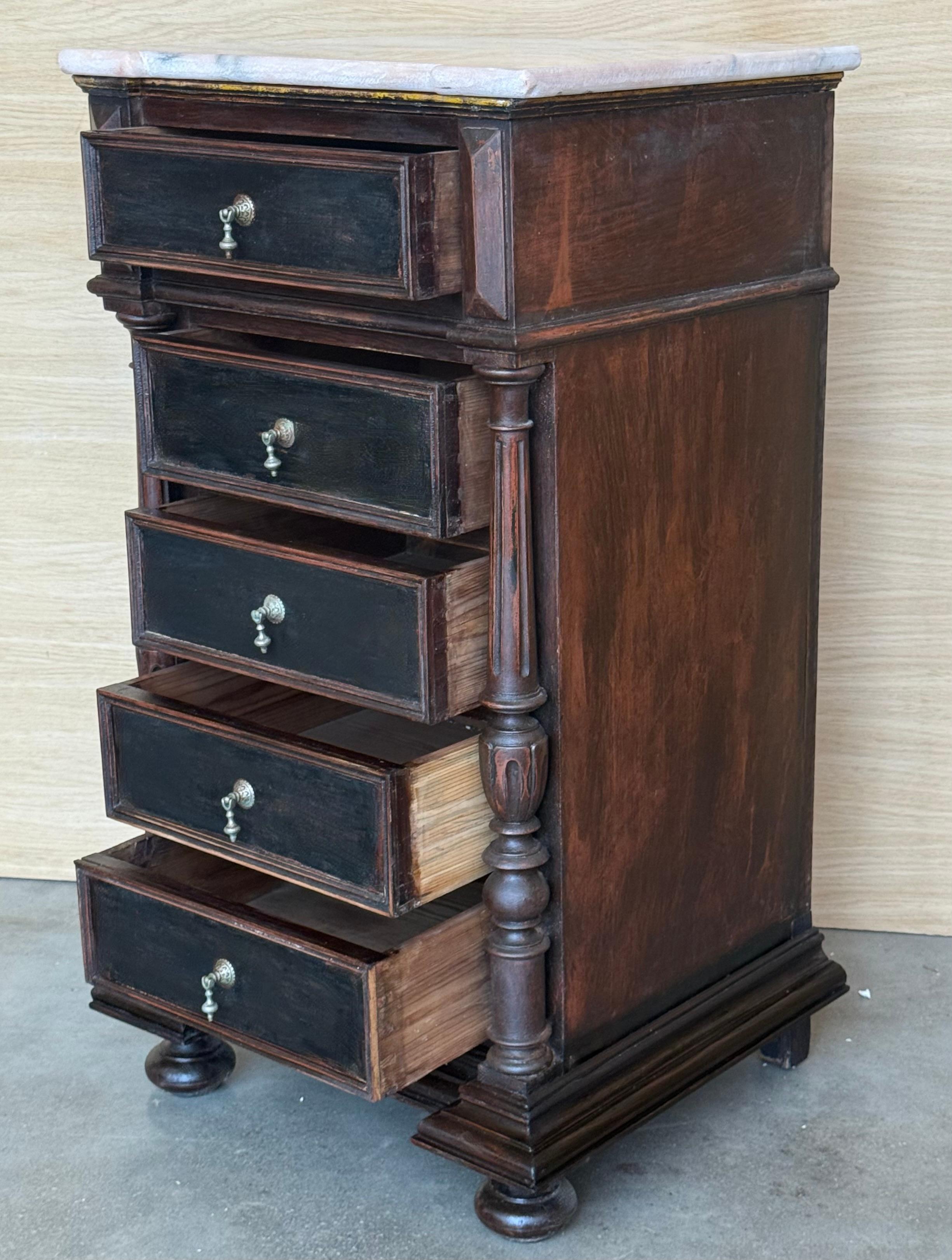 20th Century Pair of Biedermeier Nightstands with Marble Four Ebonized Drawers For Sale 1