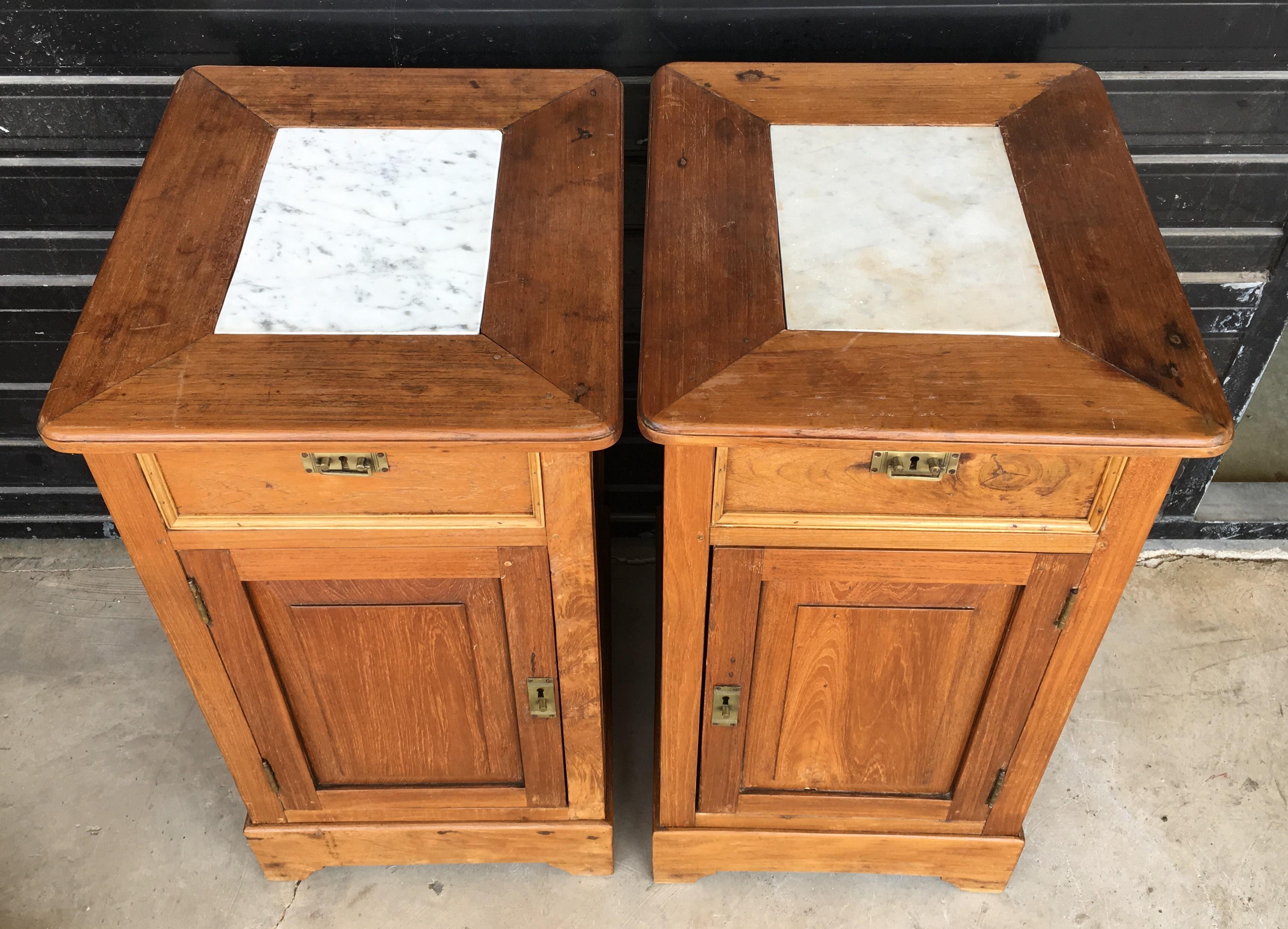 European 20th Century Pair of Biedermeier Nightstands with Marble Top, One Drawer & Door