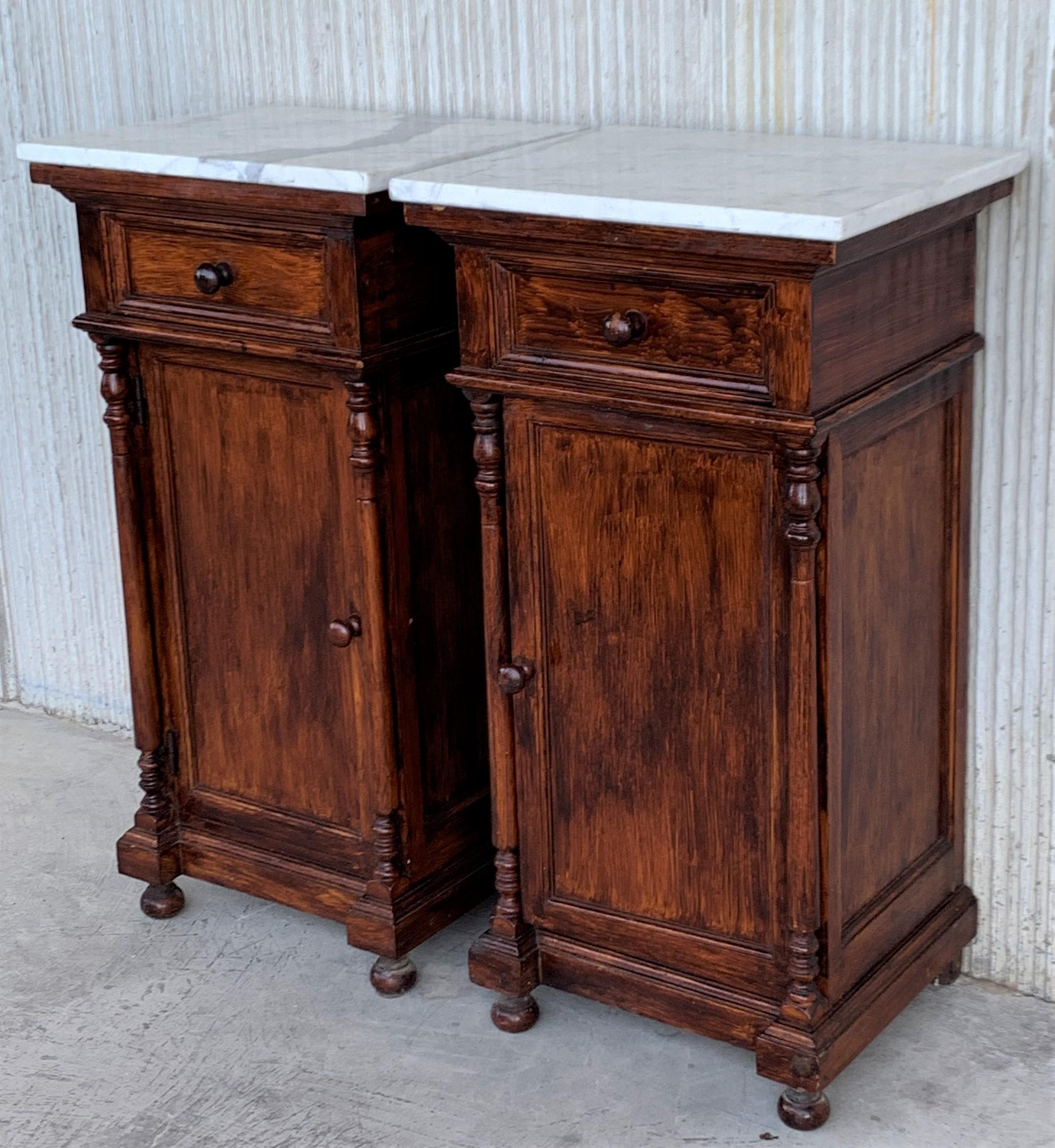 Spanish 20th Century Pair of Biedermeier Nightstands with Marble Top, One Drawer & Door